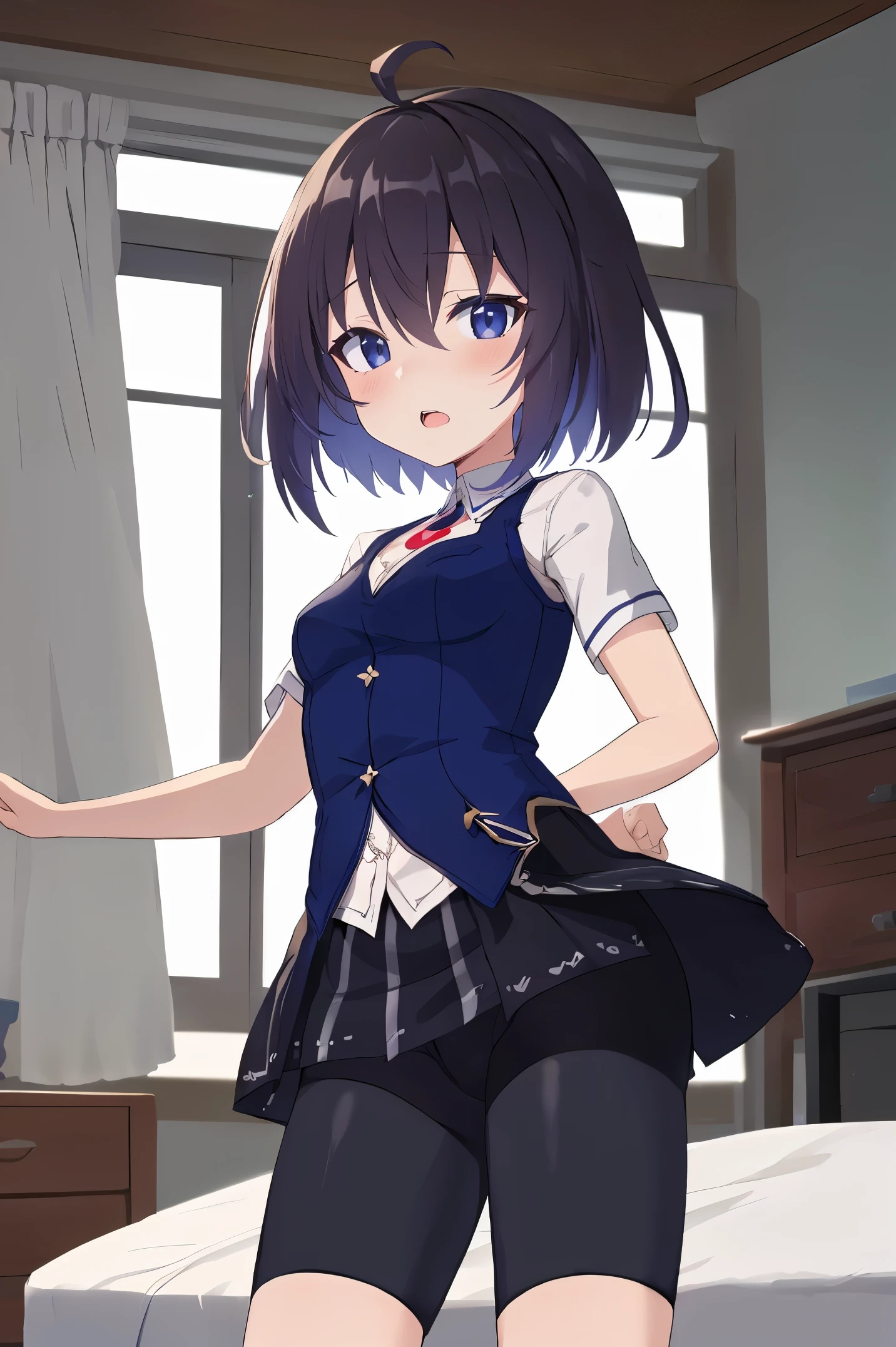 1 girl, best quality, ultra high res, ahoge, Seele Vollerei, looking at viewers, medium breast, standing, smile, small body, open mouth, azure memories, short sleeves, Bike Shorts, bedroom, white bed sheets, pov, chest tattoo, Skirt, Bike Shorts Under Skirt,