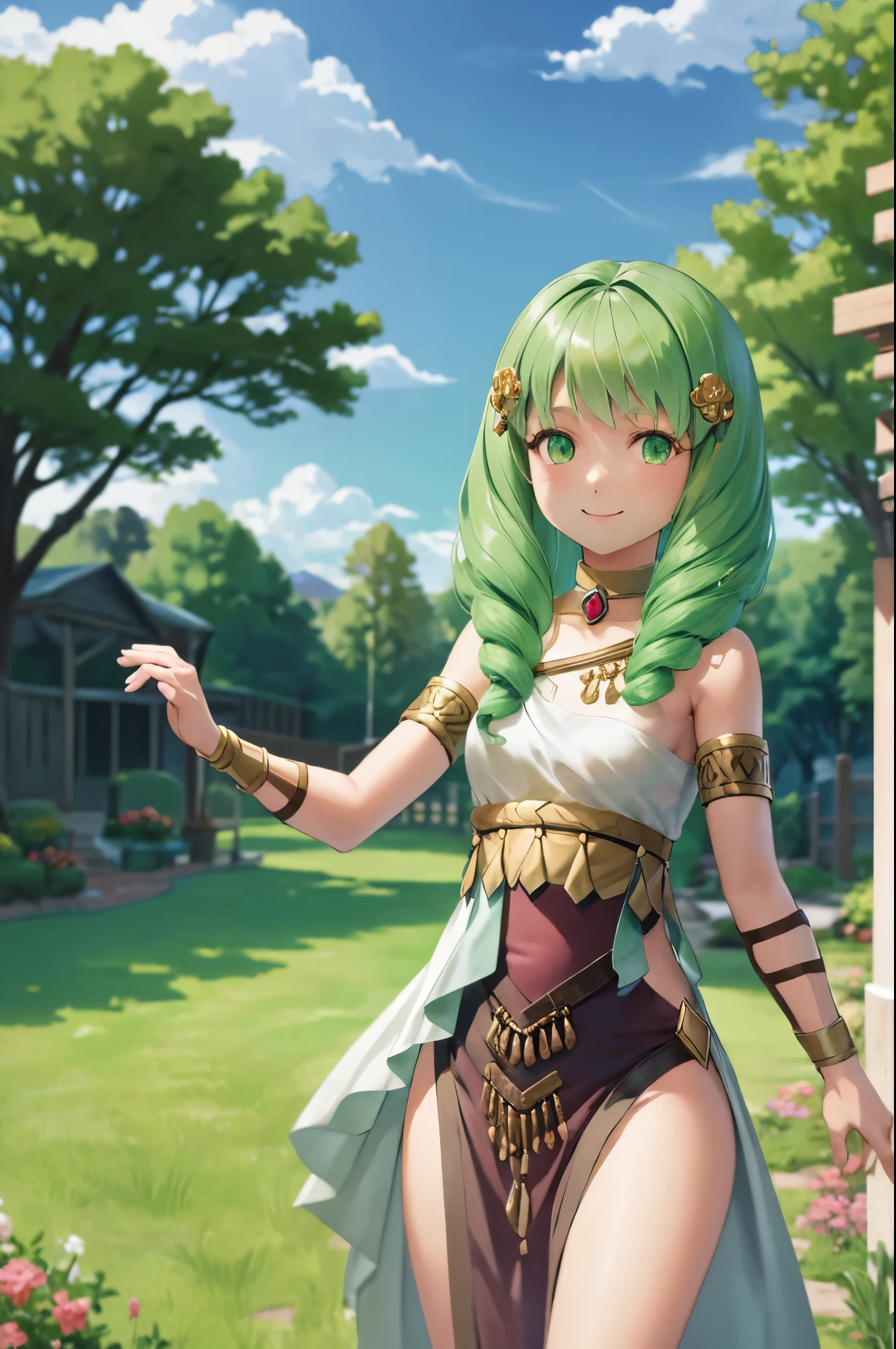 masterpiece, best quality, flayn, petite, hair ornaments, green hair, small breasts, pink and white danceroutfit, looking at viewer, smile, sky, clouds, garden, cowboy shot, 