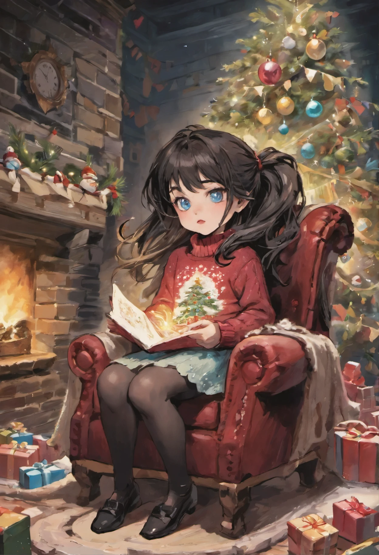 realism, picture, Fantastic tale, Christmas style, John Tolkien style, Small painting by Jean-Baptiste Monge,   girl near a huge Christmas tree decorated with Christmas garlands and gifts, Soft facial features, sitting in a chair with flowing black hair , Straight hair , near the Christmas tree, Soft facial features, wearing dress,  wearing a sweater, With light makeup,  dark pink lips,  lip shape"pearlescent" ,"curved eyebrows in the shape of Engriberts, Blue eyes,  heavy-lidded eye shape, Human Hand,   Human hand, very clear without flaws with five fingers,Black long Straight hair ,, in a short red dress, in a sweater,mischievous character, a fireplace, Christmas tree, Present, Jean-Baptiste Monge, anthropomorphic --ar 2:3 --testp - optimistic;  Straight hair