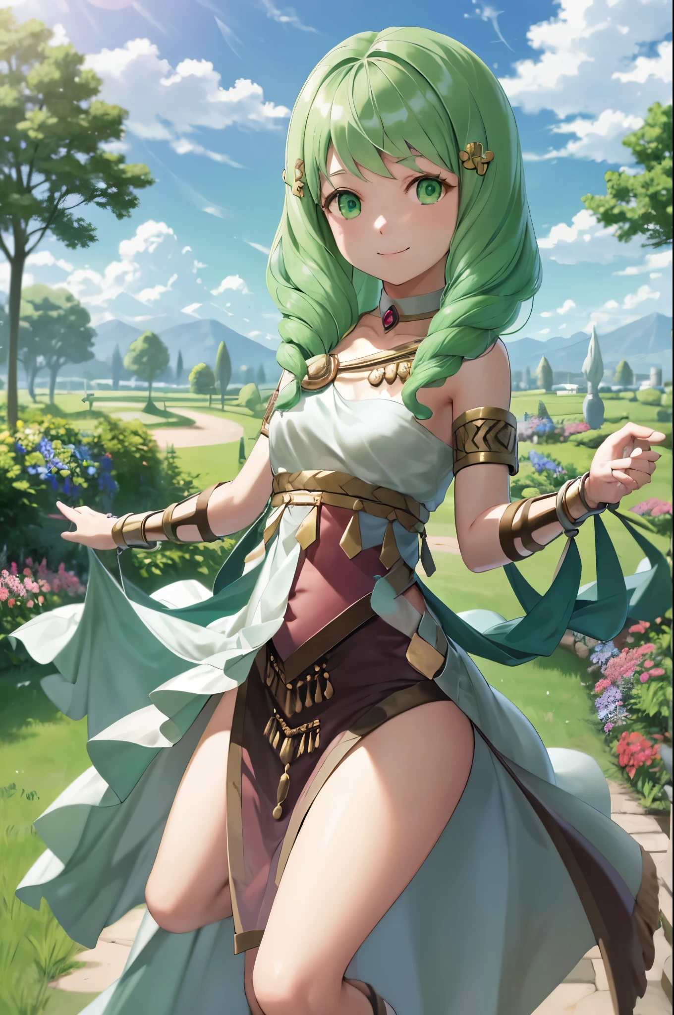 masterpiece, best quality, flayn, petite, hair ornaments, green hair, small breasts, pink and white danceroutfit, looking at viewer, smile, sky, clouds, garden, cowboy shot, 