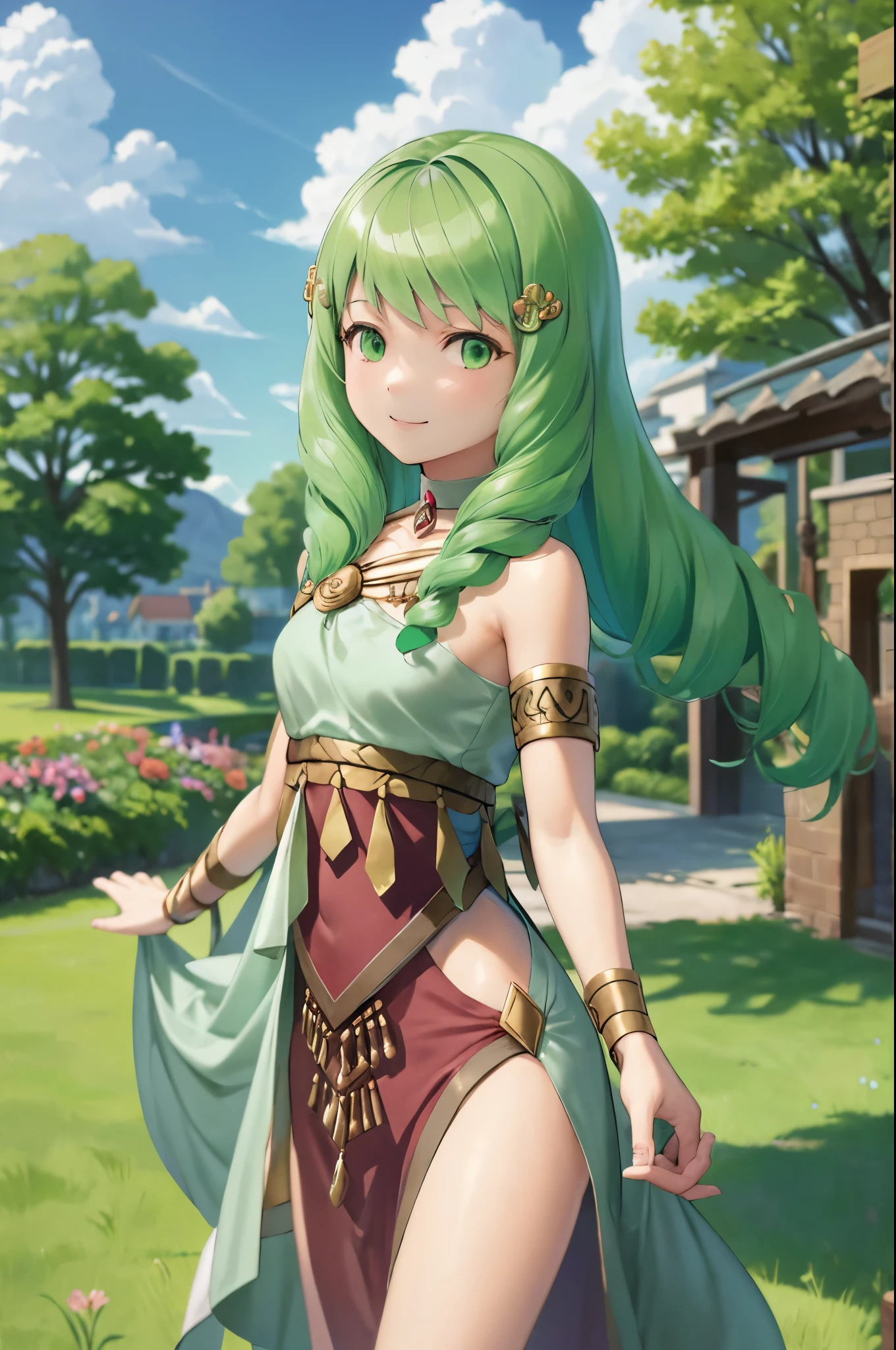 masterpiece, best quality, flayn, petite, hair ornaments, green hair, small breasts, pink danceroutfit, looking at viewer, smile, sky, clouds, garden, cowboy shot, 