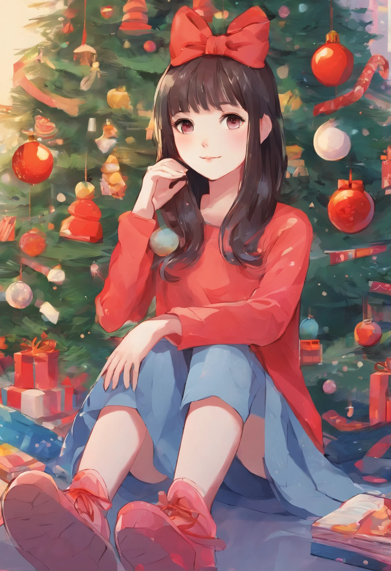 Picture of a girl, sitting in front of a Christmas tree with gifts, work in Guweiz style, beautiful artwork illustration, realistic picture of a cute girl, charming digital painting, Change, children's creativity in artstation, Beeple and Jeremiah Ketner, inspired by Michael Malm, cute detailed digital art, Alice X. Zhang