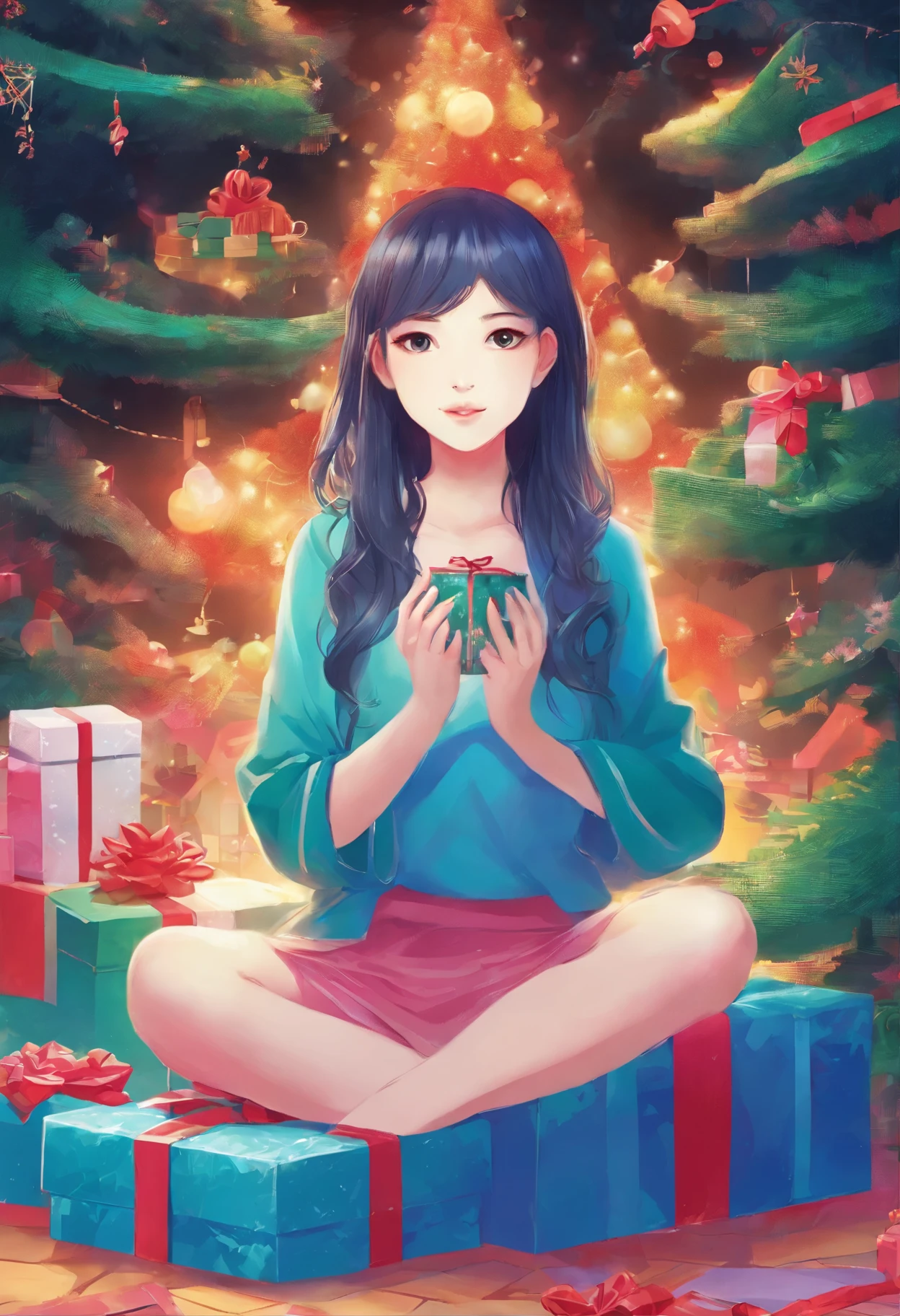 Picture of a girl, sitting in front of a Christmas tree with gifts, work in Guweiz style, beautiful artwork illustration, realistic picture of a cute girl, charming digital painting, Change, children's creativity in artstation, Beeple and Jeremiah Ketner, inspired by Michael Malm, cute detailed digital art, Alice X. Zhang