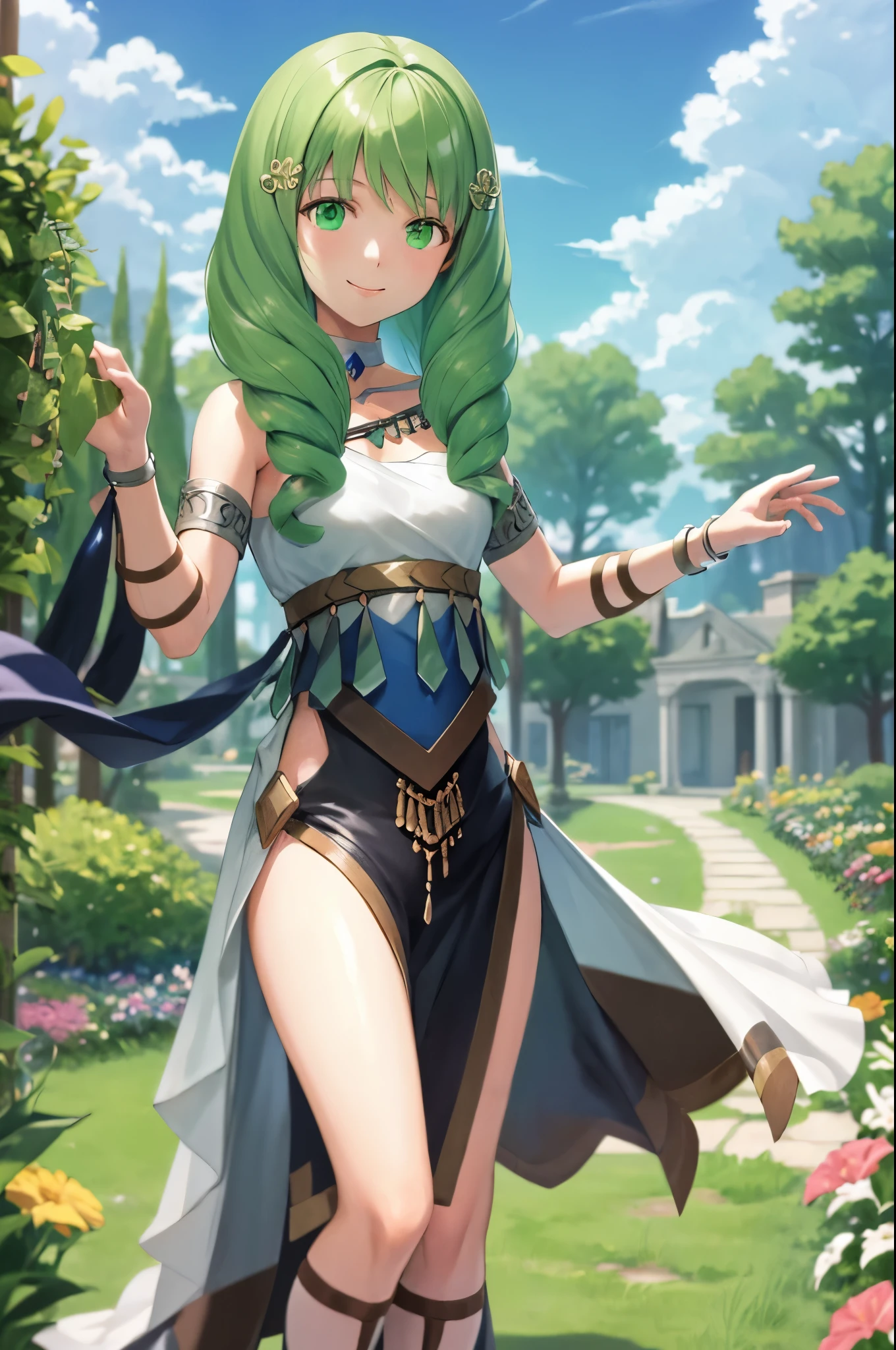 masterpiece, best quality, flayn, hair ornaments, green hair, small breasts, pink and white danceroutfit, looking at viewer, smile, sky, clouds, garden, cowboy shot, 