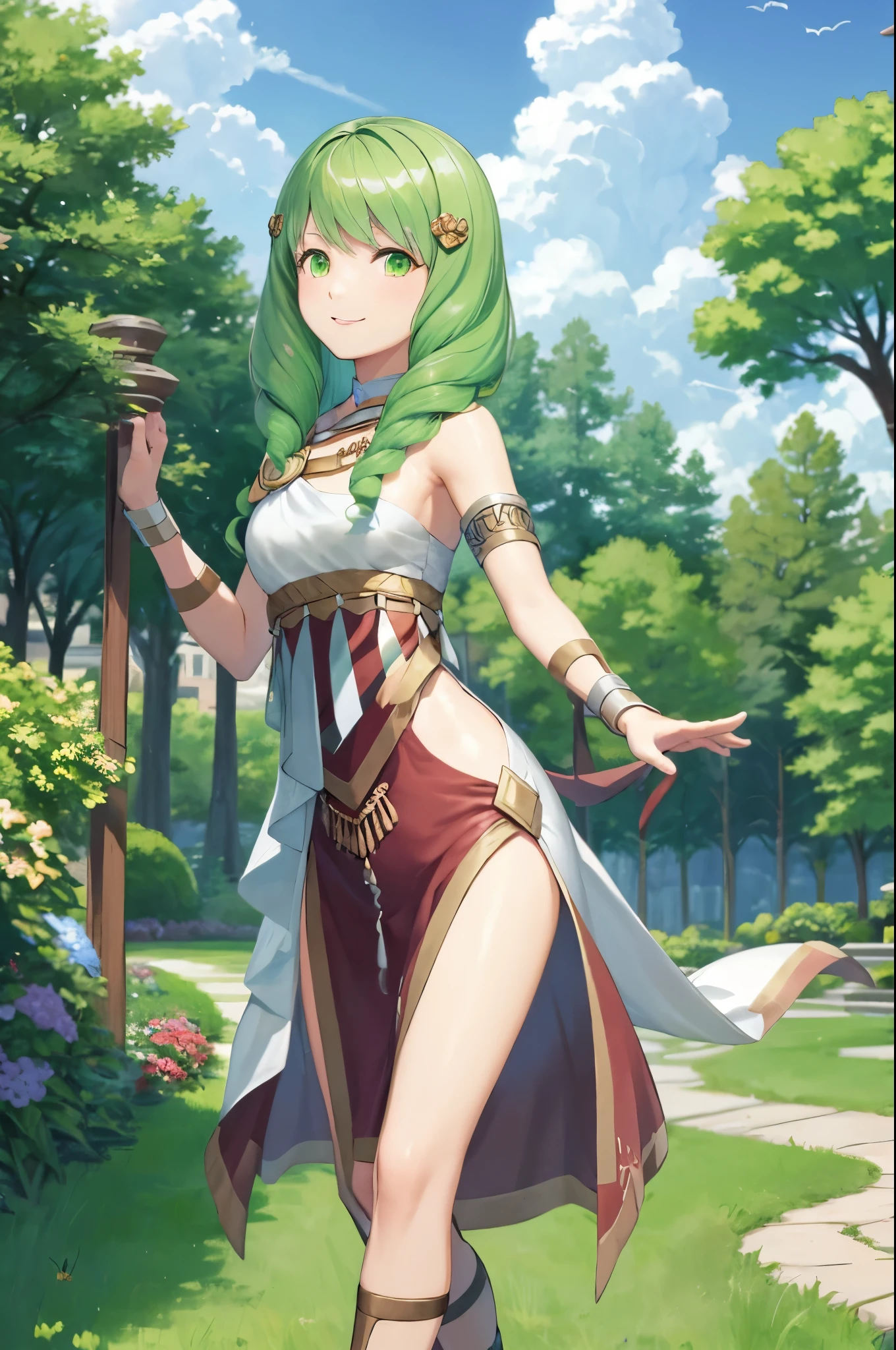 masterpiece, best quality, flayn, hair ornaments, green hair, small breasts, pink and white danceroutfit, looking at viewer, smile, sky, clouds, garden, cowboy shot, 