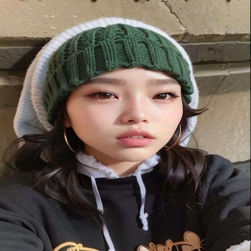 arafa woman wearing a green hat and a black jacket, young lovely korean face, adorable and pale korean face, young cute wan asian face, Ulzzang, Menina coreana, linda jovem coreana, jaeyeon nam, asian face, jennie blackpink, parque roseanne de blackpink, Korean facial features, Jinyoung Shin, Heonhwa Choe, linda jovem coreana, com o rosto da jennie blackpink