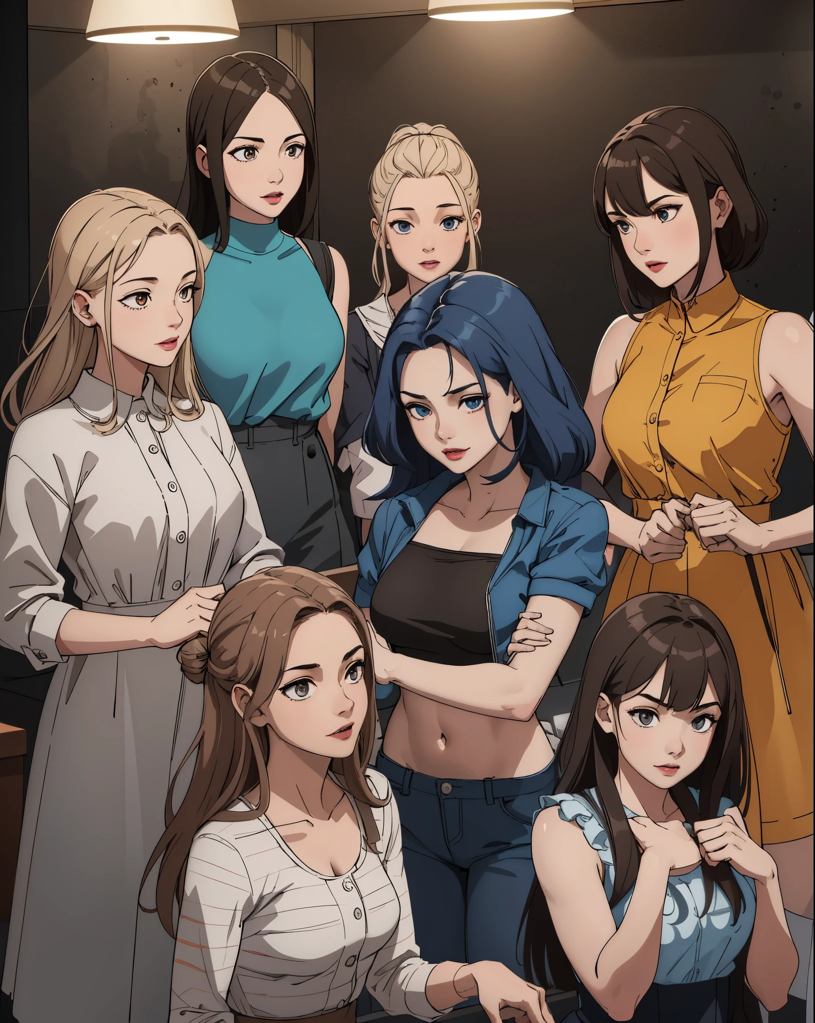 American girl，stage .(Forehead).(7 Girls:1.5), masuter piece, Textured skin,High resolution, Ultra high definition, of the highest quality, Very detailed, Professional Lighting, of the highest quality, Best Quality, acurate, Anatomically correct, Textured skin, Super Detail, high details, High quality, Best Quality,American women