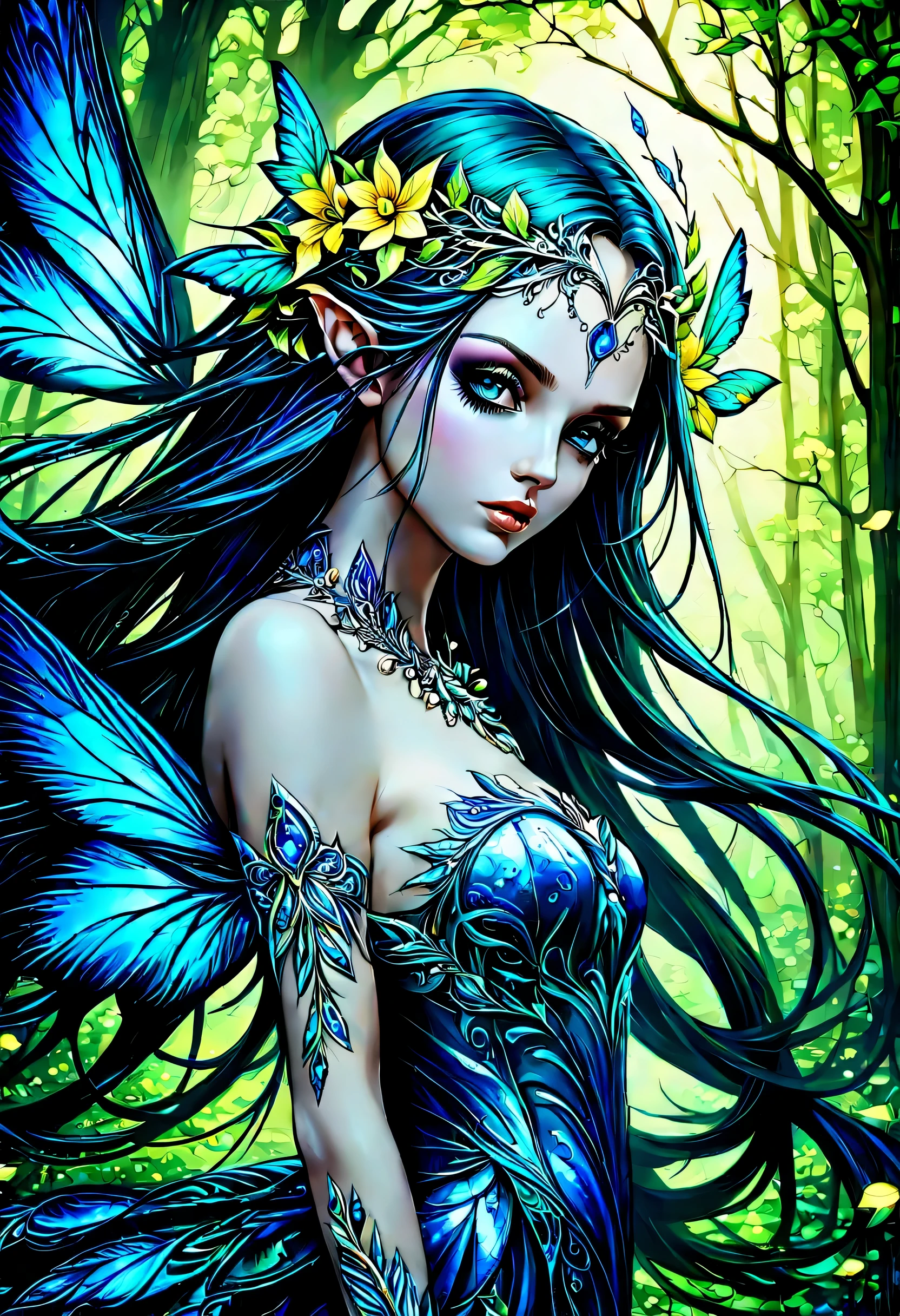 unbelievably stunning beauty dark-elf portraits, elf ears, golden ratio, gracefully emerges in front, vibrant forest backdrop, come alive beautiful shine, resplendent and delicate fairy, filled with intricate and enchanting details, into the realm dark fantasy, fantasy striking features of myth, mystical atmosphere, iridescent hues to the intricate floral patterns adorning glow, oil paint in heavy strokes, capturing every intricate detail, absurd fine detail,  delicate wings shimmering, jaw-dropping resolution, palette of 1.67 million colors, ensuring awe-inspiring visual experience, radiosity rendered in stunning 32k beautiful resolution, all captured in sharp focus drawn, unique and edgy punk-styled picture frame, beautiful and delicate accentuating, beautiful detail eyes, beautiful detail shaped face, fine detail long hair, astounding fine brush stroke artworks, perfect harmony between elegance and rebellion, sharpness and clarity unmatched, (((radiosity rendered in stunning 32k beautiful resolution:1.3))), all captured in sharp focus, highest quality, highly quality,