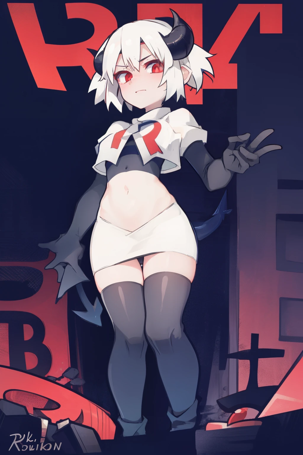 masterpiece, best quality, red eyes, white hair, twintails,ahoge,black hair ribbons,demon horns, demon tail,team rocket,team rocket uniform,white skirt,red letter R,crop top,black thigh-highs,black elbow gloves, comic strip