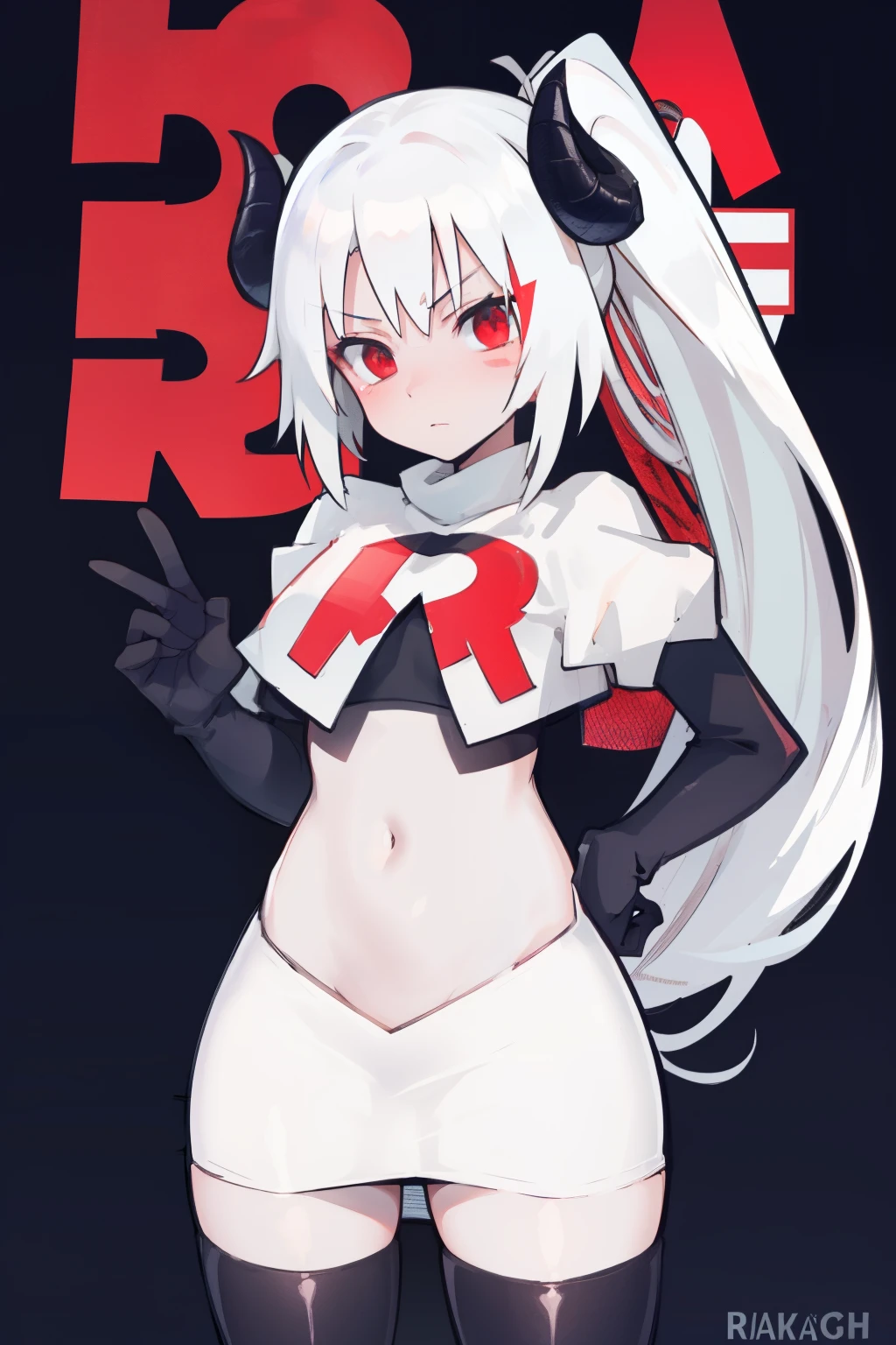 masterpiece, best quality, red eyes, white hair, twintails,ahoge,black hair ribbons,demon horns, demon tail,team rocket,team rocket uniform,white skirt,red letter R,crop top,black thigh-highs,black elbow gloves, comic strip