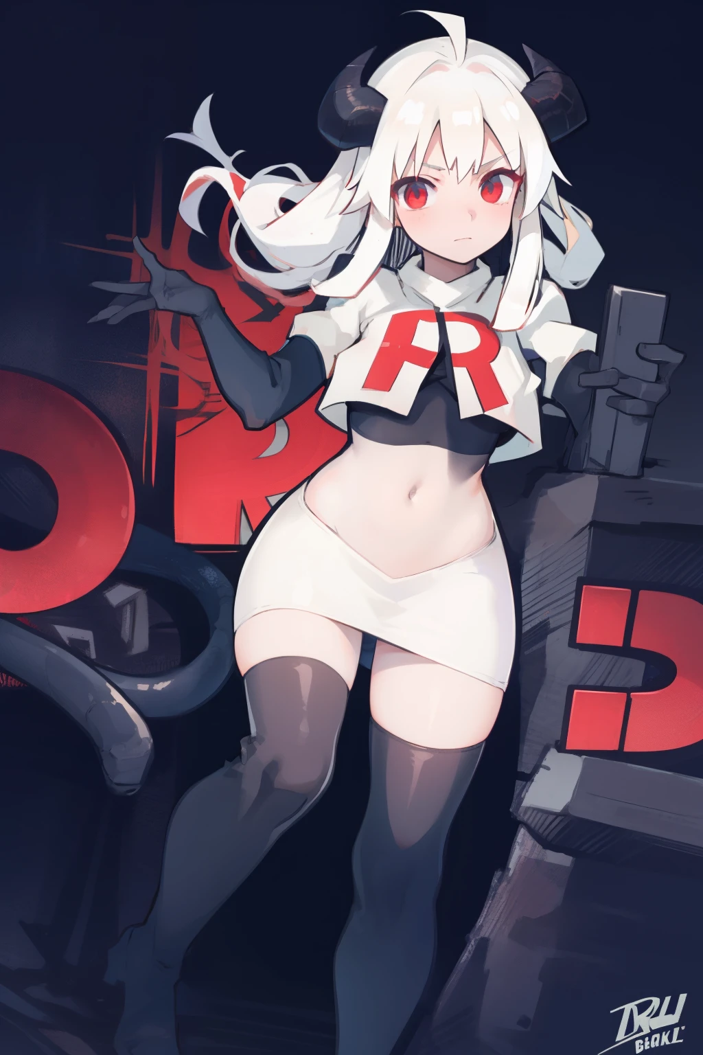 masterpiece, best quality, red eyes, white hair, twintails,ahoge,black hair ribbons,demon horns, demon tail,team rocket,team rocket uniform,white skirt,red letter R,crop top,black thigh-highs,black elbow gloves, comic strip