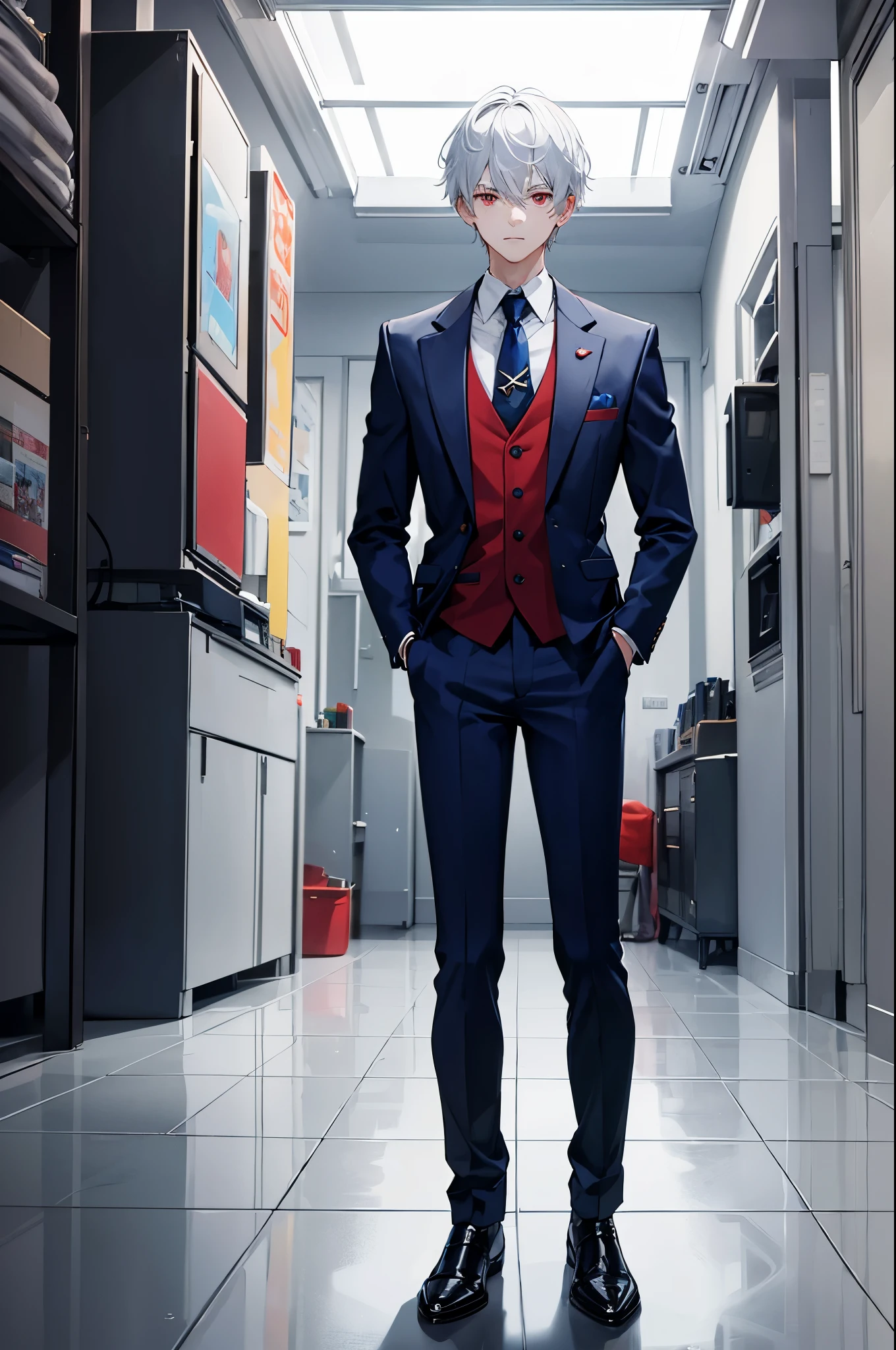 1boy, short white hair, red eyes, dark blue suit, standing on ground, high res, ultra sharp, 8K, masterpiece