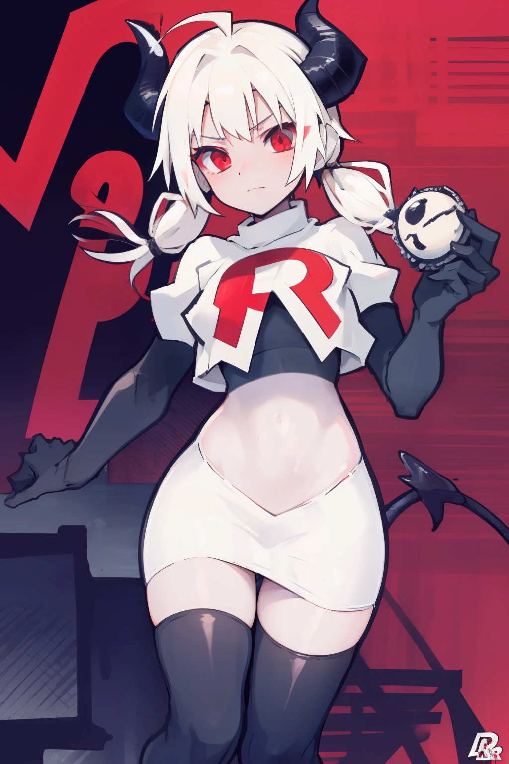 masterpiece, best quality, red eyes, white hair, twintails,ahoge,black hair ribbons,demon horns, demon tail,team rocket,team rocket uniform,white skirt,red letter R,crop top,black thigh-highs,black elbow gloves, comic strip