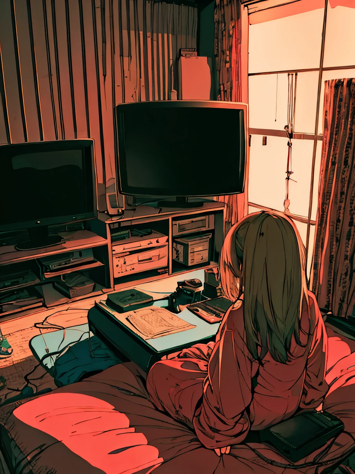 dim room、cluttered、CRT TV、sick atmosphere、Rear view of a girl in pajamas sitting