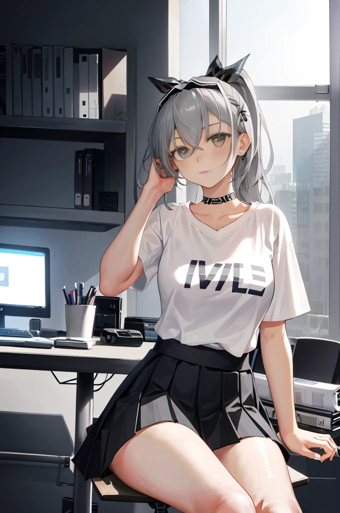 silver wolf, Collapse Star Trail, 1 girl, alone, ((White shirt)), black Raise your legs high, , split, , office background, black skirt, pleated skirt, office, hair between eyes, hair accessories, large , long hair, looking at the audience, silver short nails, gray eyes, alone, Raise your legs high, A thigh masterpiece)), sitting, Chair, table, computer on table, Name label, identity tag, indoor, blush, posture, Put your hands behind your back, ((office top)),