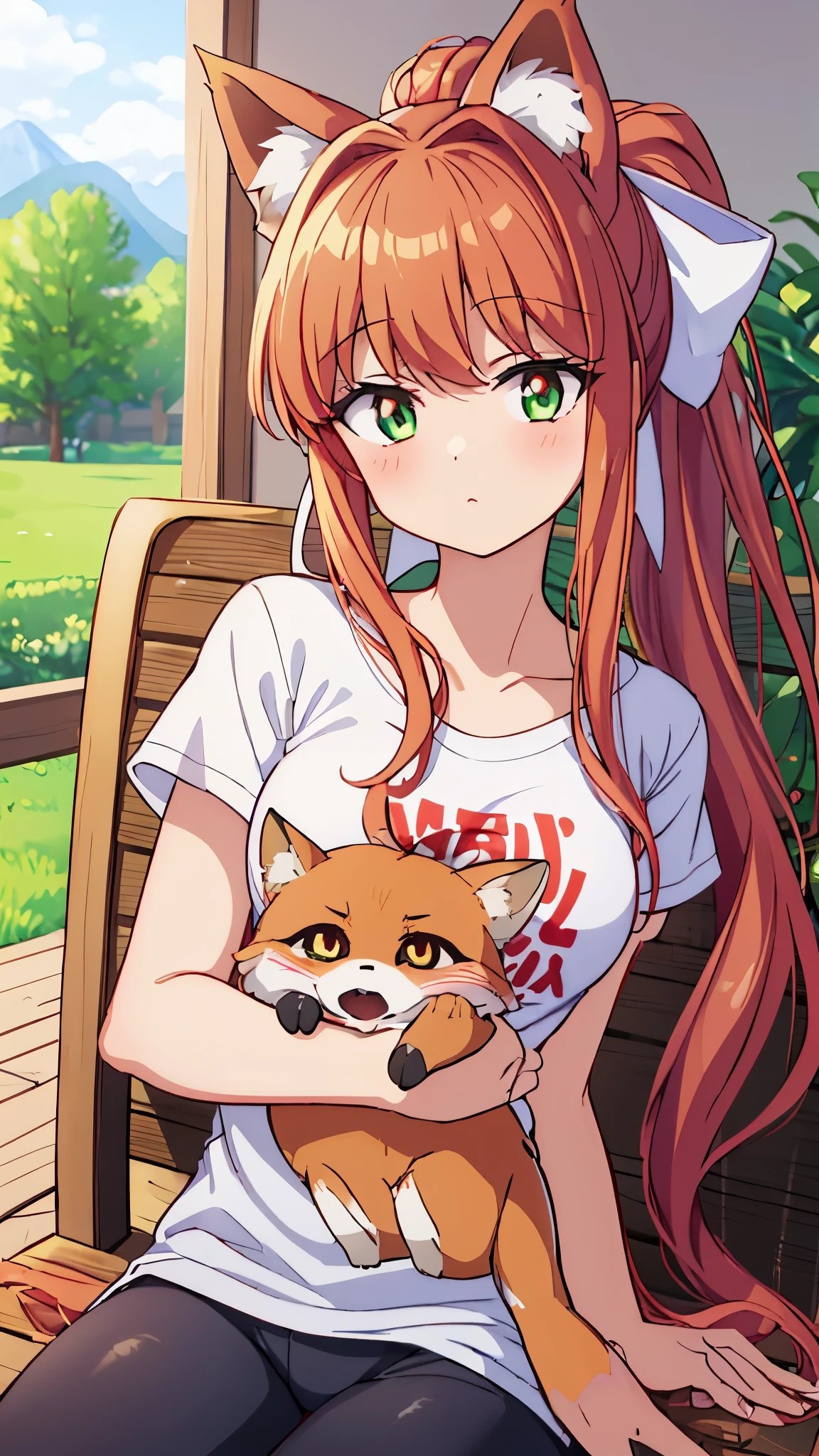 una chica acariicando un zorro rojo, monika from ddlc petting a red mountain fox, the fox is red and is sitting on monika&#39;s lap, Monika is wearing a white t-shirt with black pants, Monika&#39;s hair is brown, sus ojos son verdes, she wears a white bow with a ponytail