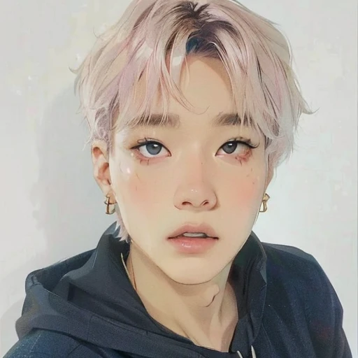 Imagen arafed de una persona con cabello rosado y una sudadera con capucha negra., Jimin\his right eyelid is swollen, yoongi de pelo negro, Jimin\los labios carnosos, park Jimin, pale korean adorable face, hyung tae, Jimin, TaeJune Kim, cai xukun, Jinyoung Shin, kim doyoung, hong junio hyung, Jimin\la nariz griega, jungkook
