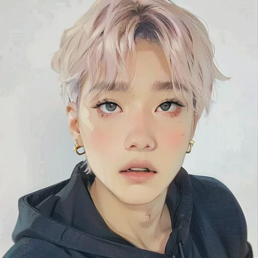 Imagen arafed de una persona con cabello rosado y una sudadera con capucha negra., Jimin\his right eyelid is swollen, yoongi de pelo negro, Jimin\los labios carnosos, park Jimin, pale korean adorable face, hyung tae, Jimin, TaeJune Kim, cai xukun, Jinyoung Shin, kim doyoung, hong junio hyung, Jimin\la nariz griega, jungkook