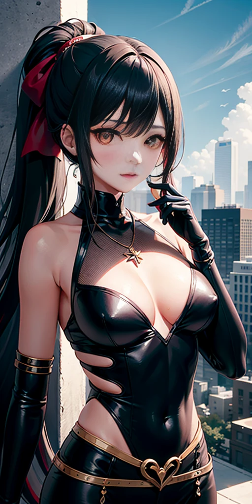 Sakifova,ahog,shoulder,黑色Glovelack hair,肘部Gloveloating hair,Gloves,hair accessories,long hair,orange eyes,outdoor,部分无指Gloves,sleeveless,sleeveless衬衫,V-shapped eyebrows,very long hair,legginglack hair,ponytail,O cabelo multicolorido,striped hair,futuristic,cyberpunk,sakifuwery long skirt,
jewelry, on the chest,, looking at the audience, hair accessories, necklace, shy,
(masterpiece,quality,最佳quality,official art,Beauty and aesthetics:1.2),(1 girl),extremedetailed,colorful,highest detail,
(:1.2,)Upper body,from the front,camelto,
City,street, sun, clouds,