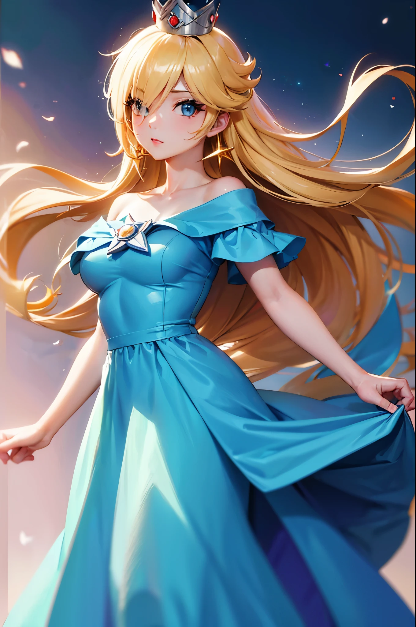 (masterpiece), best quality, expressive eyes, perfect face, highres, 1 girl, solo, rosalina, blonde hair, blue eyes, hair over one eye, long hair, blue dress, crown, dress, earrings, jewelry, princess, robe, bare shoulders, star earrings, space, starry background, glowing particles, good illumination, standing, cowboy shot, looking at the viewer