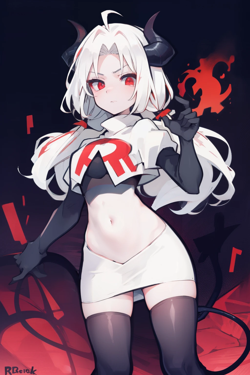 masterpiece, best quality, red eyes, white hair, twintails,ahoge,black hair ribbons,demon horns, demon tail,team rocket,team rocket uniform,white skirt,red letter R,crop top,black thigh-highs,black elbow gloves, comic strip