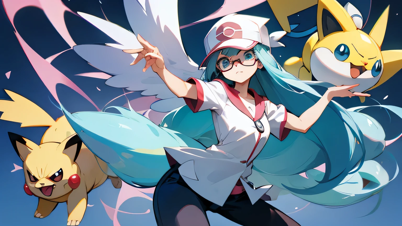 women, long hair, with pokemon pose, wearing glasses,pokemon ball, add Jiggly puff and Gabumon,