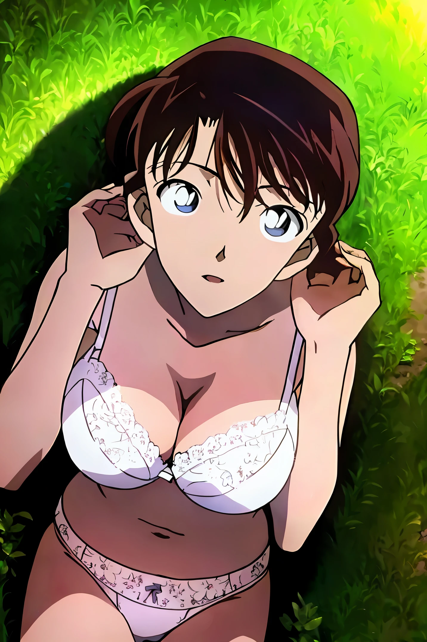 NSFW,Game cg,(Illustration:0.8), extra detailed face, Perfect Lighting, extremely details CG, (Perfect hands, Perfect Anatomy),high resolution,perfect anatomy,cinematic lighting,anime keyvisual,super detailed skin,super detailed eyes,white skin ,highest quality, masterpiece,  Ran, 1 girl,length_hair, looking for_in_viewer, green_eye, Brown_hair, belly button, cleavage, clavicle, null, Day, ,white lace panties,white lace bra,lying ,lighting forward,realistic,grass field,woods,spotlights,