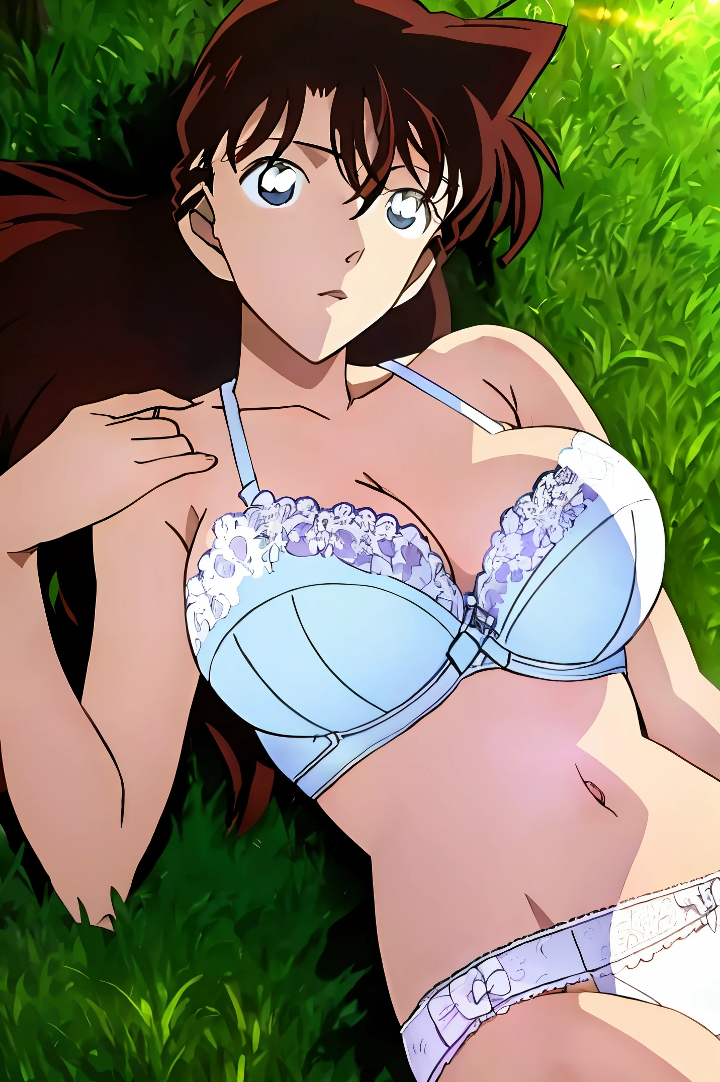 NSFW,Game cg,(Illustration:0.8), extra detailed face, Perfect Lighting, extremely details CG, (Perfect hands, Perfect Anatomy),high resolution,perfect anatomy,cinematic lighting,anime keyvisual,super detailed skin,super detailed eyes,white skin ,highest quality, masterpiece,  Ran, 1 girl,length_hair, looking for_in_viewer, green_eye, Brown_hair, belly button, cleavage, clavicle, null, Day, ,white lace panties,white lace bra,lying ,lighting forward,realistic,grass field,woods,spotlights,