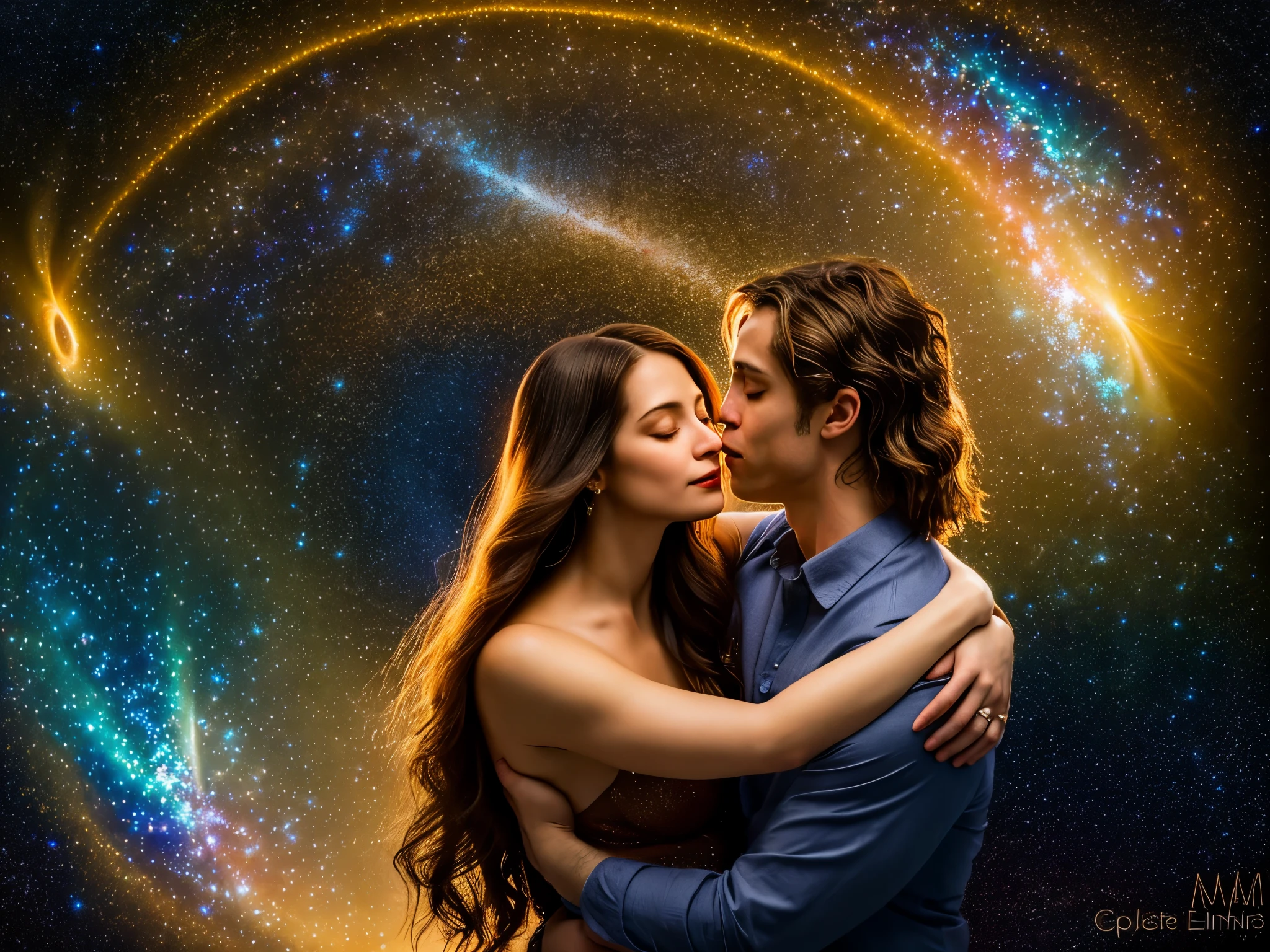 Design a sensual and intimate portrait of two lovers embracing passionately under starlight. Their bodies entwine softly, expressing genuine affection and connection. Delicate tendrils of golden light emanate from their touch points, symbolizing the warmth and intensity of their bond. Surrounding them is a celestial landscape filled with swirling galaxies, planets, and constellations, representing the vastness and mystery of love. Utilize subtle color gradients and soft focus techniques to evoke emotion and intimacy without crossing into explicit territory. (full body:1.5), enormous tits