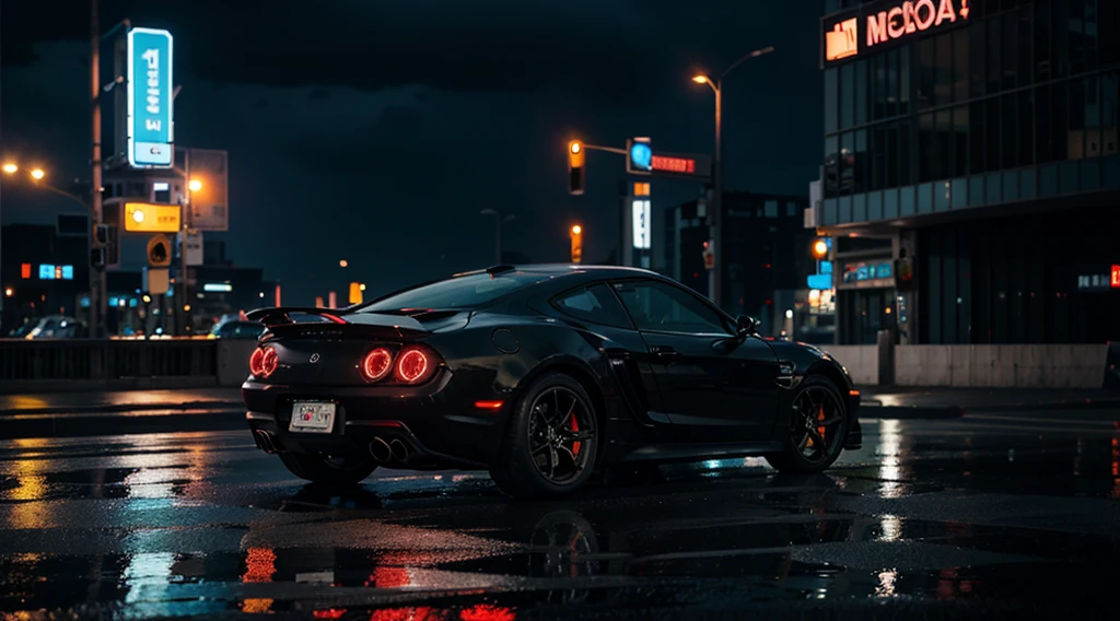 Sport car, corner view, wet road, tail lights, details, futuristic world, skyscraper, tall building, neon light, cyberpunk city style, city, neon city, night time, after rain, high details, 8k quality, masterpiece, ground view