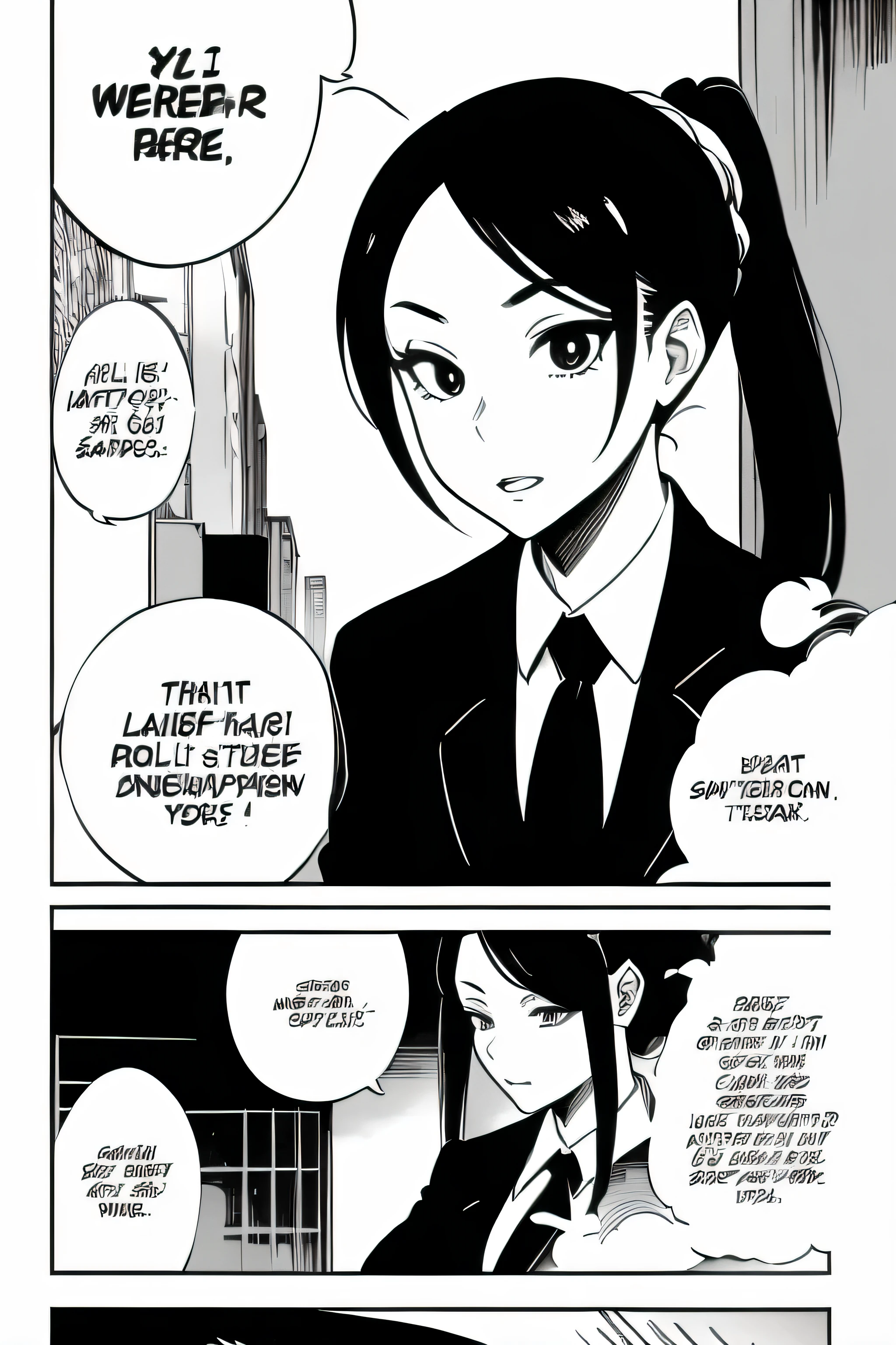 Asian woman, busy, black office coat, red tie, pony tail, manga single panel, black and white, no bubble text