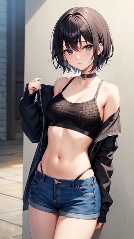 Navel exposed clothes short hair