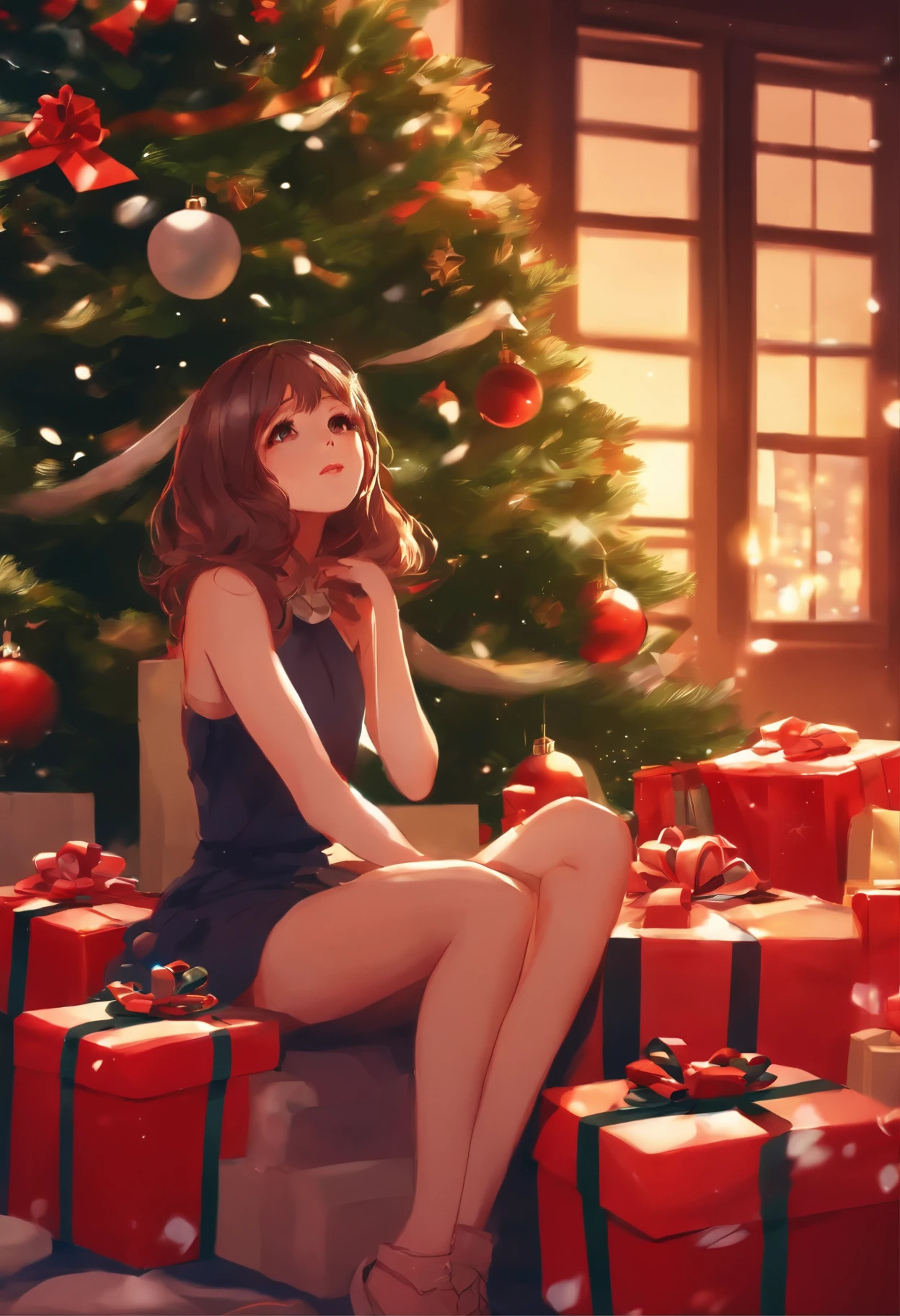 A girl sits on a pile of gifts in front of a Christmas tree, Anime Style 4k, anime style digital art, digital art ilya kuvshinov, anime style digital art, Beautiful anime girl, made in an anime artist's studio, by Yumei, digital anime illustration, 4k manga wallpaper, Anime art wallpaper 8K, beautiful anime style