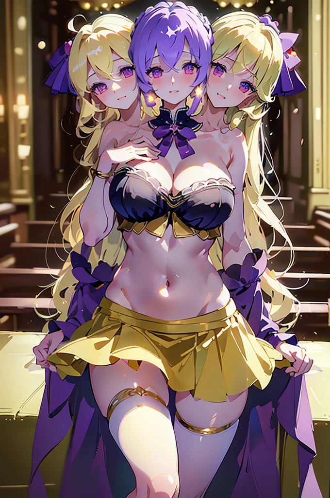 (masterpiece, best quality),best quality, (ultra-detailed), (3heads:1.4), 1girl, (maribel hearn:1.3), masterpiece, best quality, purple top, crop top, ((stomach)), midriff, ((groin)), purple skirt, frilled skirt, miniskirt, normal ears, shackles, blonde hair, very long hair, wavy hair, sidelocks, purple eyes, parted lips, single horn, sweat, cute, toned belly, hand on own chest, eyelashes, (24 year old woman:1.3), (masterpiece:1.4), (best quality:1.4), (beautiful detailed extremely detailed CG, extremely delicate and beautiful, depth of field, (finely detailed face), (perfect details:1.1), (mature female:1.3), wide pelvis, slender, large veiny breast, 8k resolution, high quality, high definition, extremely detailed, masterpiece, best quality, blonde hair, long hair, alluring presence, twin braid, short skirt, close up, big tits, young, mob cap, white headwear, red bow on hat, skirt hold, hair between the eyes, 