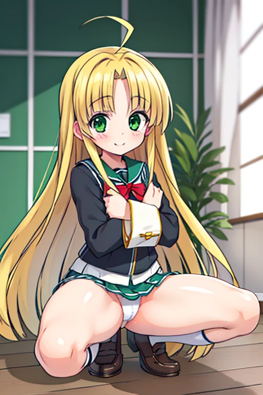 Asia Beautiful long blonde hair green eyes high school girl mini skirt white panties smile Squat with your legs apart
