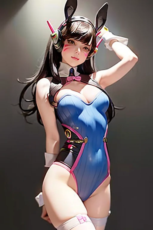 r_ap82_, masterpiece, best quality,1girl, d.va (overwatch), solo, long hair, whisker markings, bodysuit, brown hair, facial mark, gloves, breasts, brown eyes, pilot suit, cowboy shot, headphones, white gloves, medium breasts, swept bangs, skin tight, animal print, bangs, bunny print, ribbed bodysuit, facepaint, pink lips,(grey background:1.2), background, (kbxll:0.6)