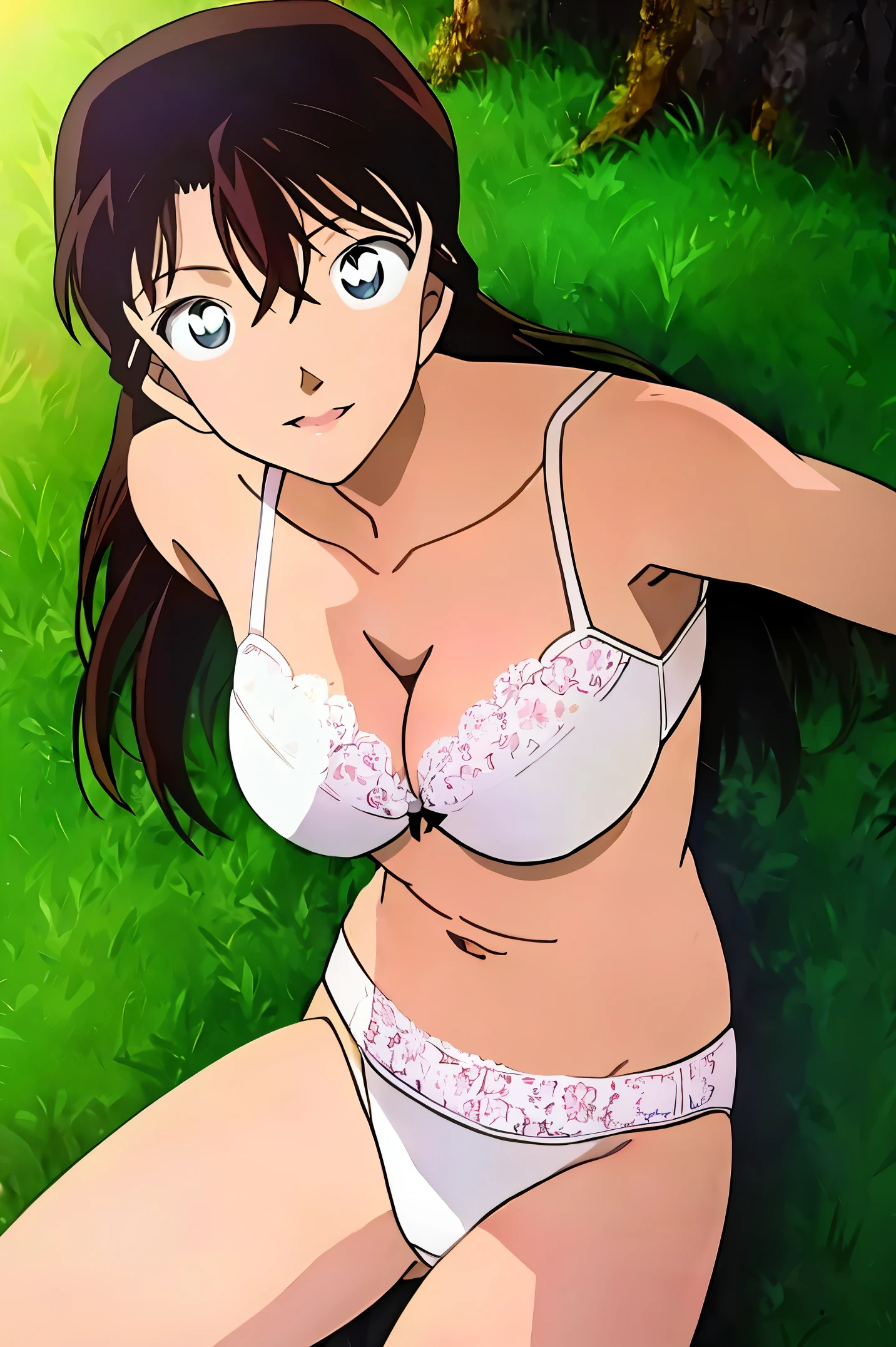 NSFW,Game cg,(Illustration:0.8), extra detailed face, Perfect Lighting, extremely details CG, (Perfect hands, Perfect Anatomy),high resolution,perfect anatomy,cinematic lighting,anime keyvisual,super detailed skin,super detailed eyes,white skin ,highest quality, masterpiece,  Ran, 1 girl,length_hair, looking for_in_viewer, green_eye, Brown_hair, belly button, cleavage, clavicle, null, Day, ,white lace panties,white lace bra,lying ,lighting forward,realistic,grass field,woods,spotlights,smile ,cowboy shot,thighs 