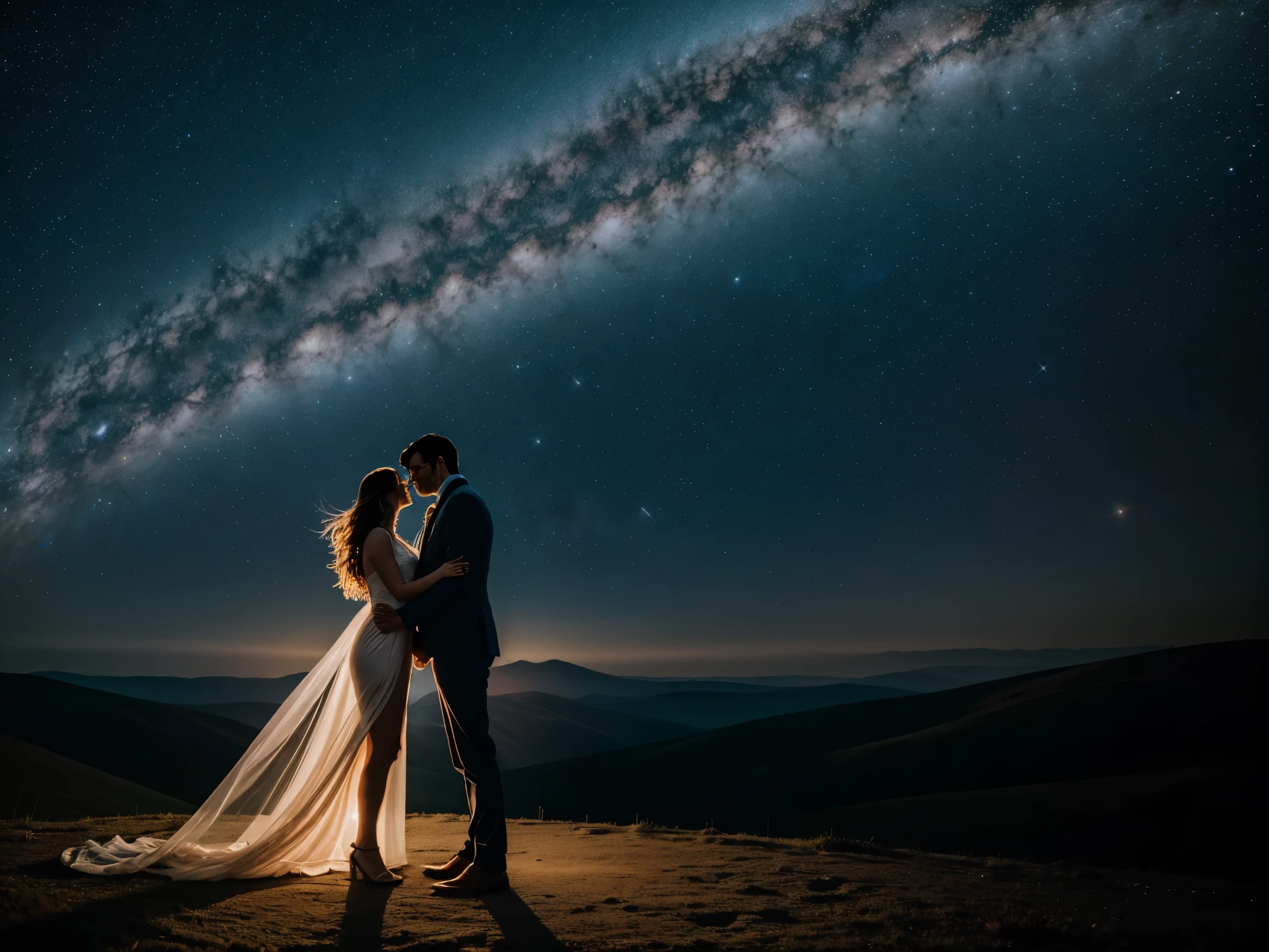 Design a sensual and intimate portrait of two lovers embracing passionately under starlight. Their bodies entwine softly, expressing genuine affection and connection. Delicate tendrils of golden light emanate from their touch points, symbolizing the warmth and intensity of their bond. Surrounding them is a celestial landscape filled with swirling galaxies, planets, and constellations, representing the vastness and mystery of love. Utilize subtle color gradients and soft focus techniques to evoke emotion and intimacy without crossing into ???????? territory. (full body:1.5), enormous ????