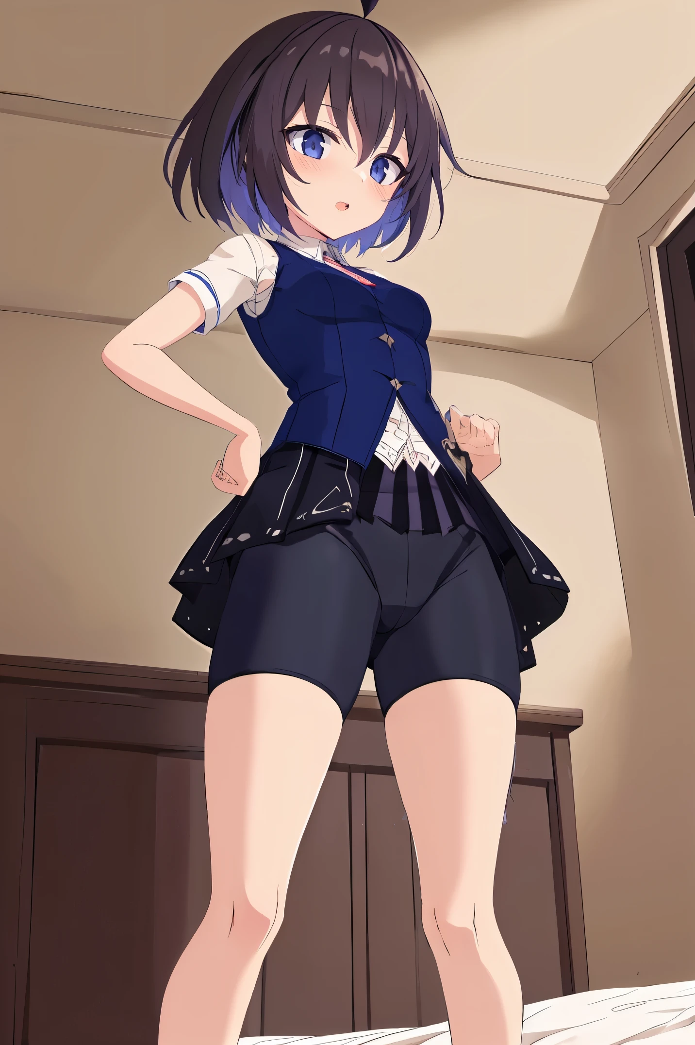 1 girl, best quality, ultra high res, ahoge, Seele Vollerei, looking at viewers, medium breast, standing, smile, small body, open mouth, azure memories, short sleeves, Bike Shorts, bedroom, white bed sheets, pov, chest  tattoo, Skirt, Bike Shorts Under Skirt, 