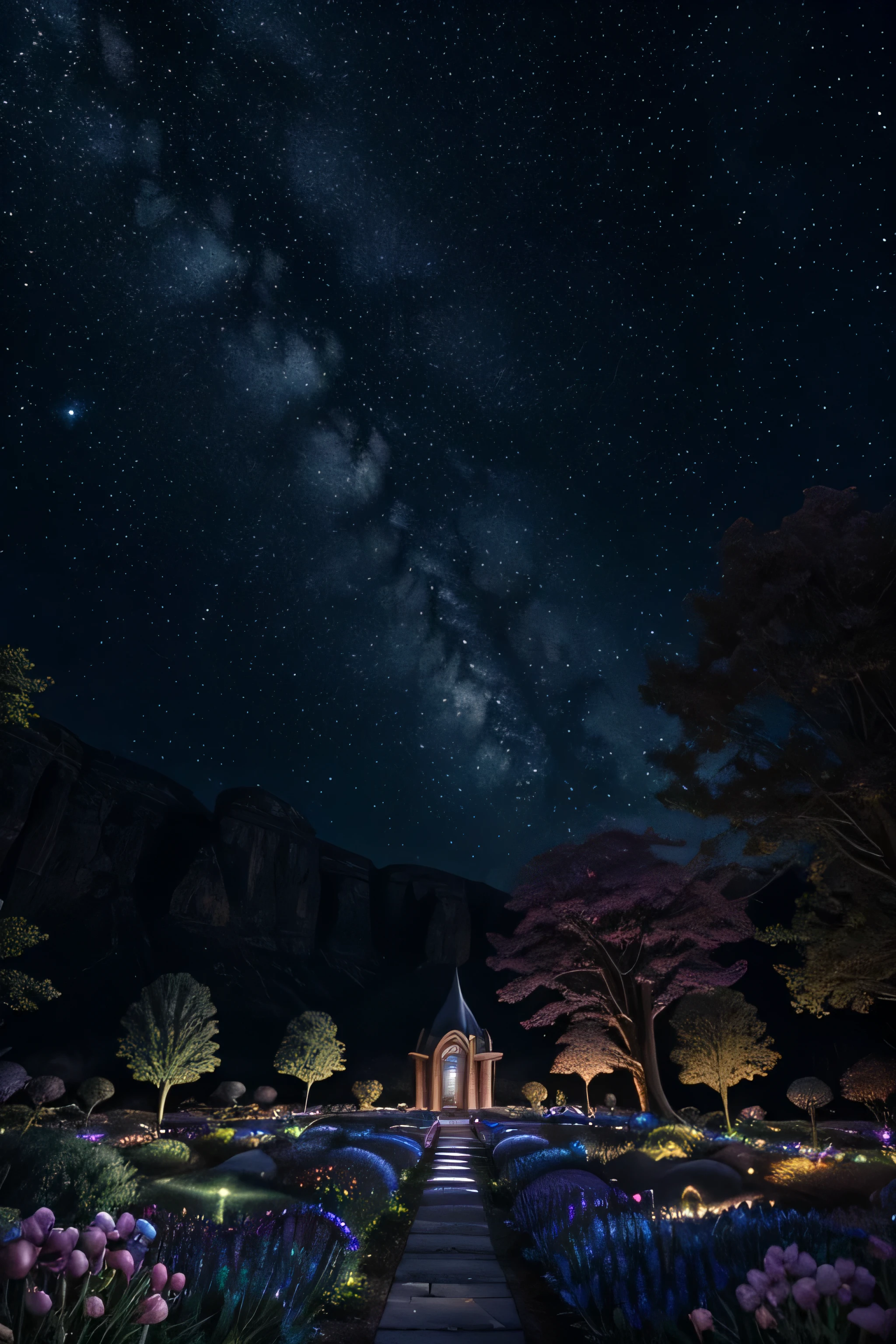 high resolution,fotorrealista,Night sky,Atmosfera iluminada por estrelas,Vista deslumbrante do universo[lush vegetation:0.9],plantas e flores brilhantes,cores vibrantes,Surrealismo surreal,plantas espaciais flutuando no ar,ethereal glow,beleza serena,alien landscape,unique heavenly garden,cosmic energy,Cores explosivas,dream-like setting,extraterrestrial paradise,ambiente sobrenatural,galaxy infused plants,Utopian vision,[astronomia],Mysterious allure,jardim estelar,ambiente encantado,ambrosial aroma,magical atmosphere,Harmonia Celestial,Peaceful Serenity,brilho luminoso