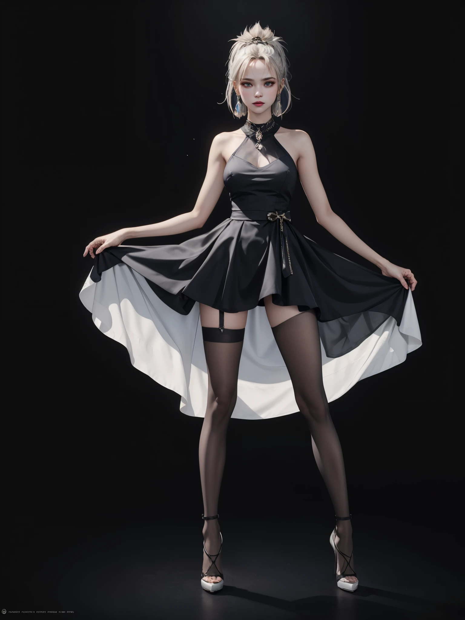 1girl, see-through white clothing, dark background, spotlight, dress, full body, HDR, ray tracing, high resolution, unreal 5, sharp focus, surface coloring, octane render, two color light, black legwear, high heels, atem, aretes, egypt, 