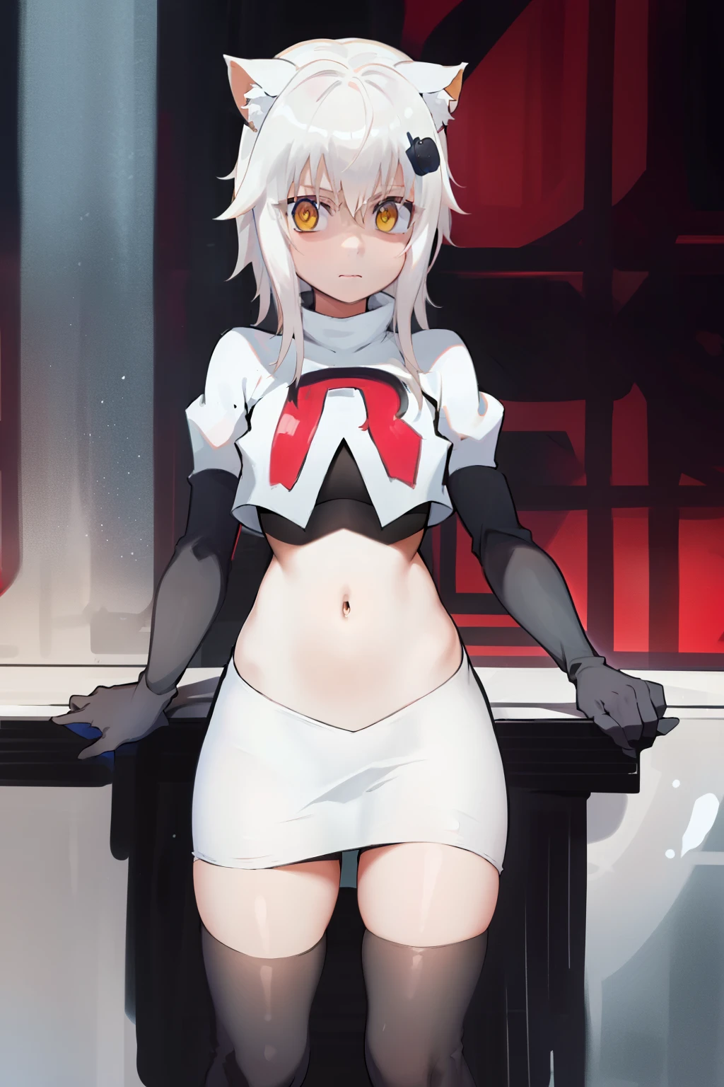 best quality, (masterpiece:1.2), highly detailed, cat ears, 1girl, solo, tojou koneko, looking at the viewer, yellow eyes, white hair, short hair, hair ornament, team rocket,team rocket uniform,white skirt,red letter R,crop top,black thigh-highs,black elbow gloves,