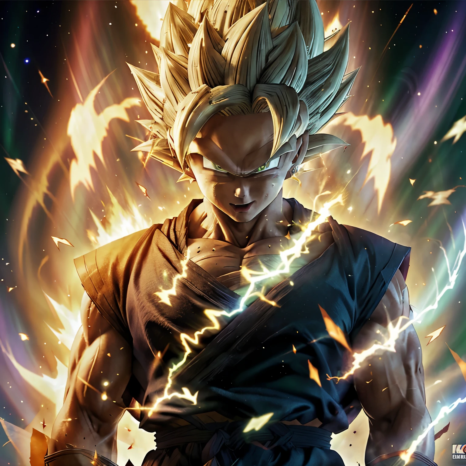 Professional photography, masterpiece, gohan, realistic, super Saiyan white hair, super Saiyan, dragon ball Z, adult, extreme power up, angry, (powering up:1.5), lightning, most powerful super Saiyan, power attack, glowing, (supreme Kai:1.5), ultra realistic, professional photography, real life, 8k hdr camera, piccolo armor, (Aurora:1.4), (long blue hair:1.2), (smirk:1.3)