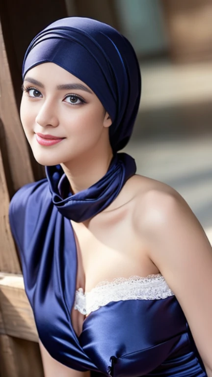 Masterpiece, realistic, best quality, best lighting, 1 pretty girl with angelic face, ((full bodyshot)), beautifully makeup, eyeshadow, Parted Lips, Detailed Eyes, beautiful big eyes, long eye lashes, smile, wearing ((Dark blue satin headscarf)), loosely tide hijab style, (sexy clothes), deep cleavage, very big breast, sitting on the bench, (seducing, sexy pose)