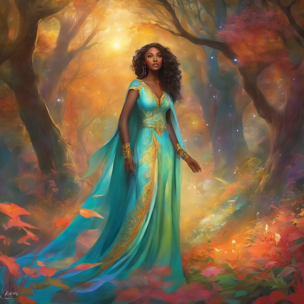 middle-aged woman, standing in a mystical forest, surreal illustrations, vibrant colors, enchanting atmosphere, dreamlike lighting, best quality, ultra-detailed, fine details of the woman's face and hair, flowing dress, magical elements intertwined with nature, unique energy, captivating presence, alluring charm, slight fog in the air, ethereal beauty, mysterious aura, soft sunlight filtering through the trees, whimsical and imaginative, masterful brushstrokes, fantasy art, magical realism, vibrant color palette, dreamy vibes, beautiful Ethiopian woman.