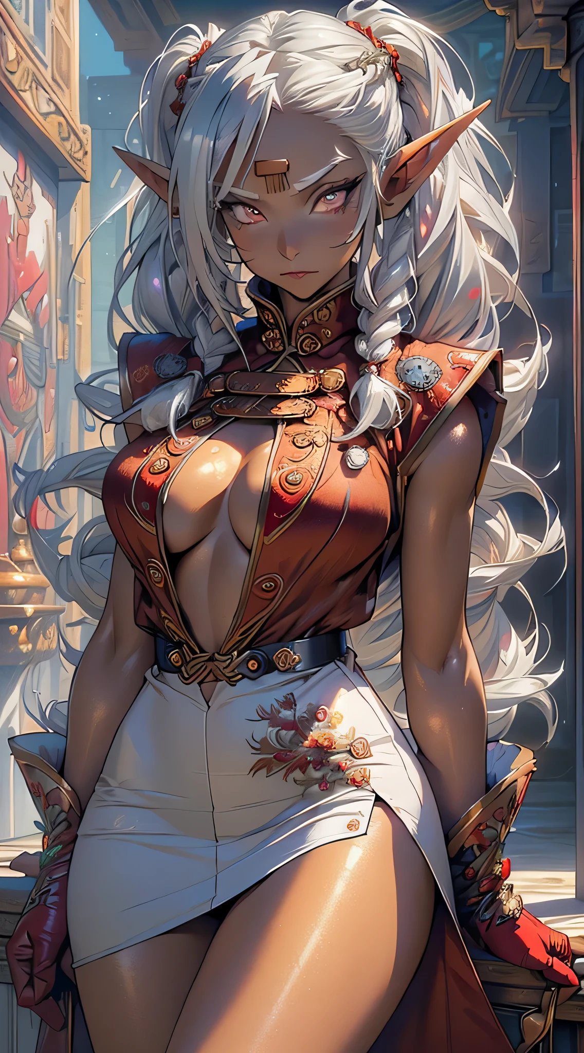 Pirotess, cute elf loli,girl, 1girl,(((little loli,tiny little body,small))),(((6 ))),((anime elf loli with extremely cute and beautiful braided hair)),(((elf, elf earlat chest))),((((silver hair:1.35,twintails braids hair,colored inner hair,ear breathing)))),(((red_eyes:1.3))),intricate eyes,beautiful detailed eyes,symmetrical eyes,big eyes:1.5,(((lustrous skin:1.5,bright skin: 1.5,skin tanned,shiny skin,very shiny skin,shiny body,plastic glitter skin,exaggerated shiny skin,illuminated skin))),(,detailed body,detailed arms,(detailed face)), cute,slutty,erotic,daring,nsfw, zettai ryouiki,revealing clothing,show skin,(((Sexy red fur coat, red fur coat outfit, wearing a red fur coat:1.3,red winter coat))), ((red minkirt,red mini skirt with furry edge,visible thong straps)),((underpants strap)),(white gloves,red clothes,semi-naked,with little red clothing,((((furry edge clothing)))),(((intricate outfit,intricate clothes,embroidered outfit,ornate outfit,embroidered clothes,ornate clothes))), (dynamic pose:1.0),embarrassed,(centered,scale to fit dimensions,Rule of thirds), inside,indoor,((cozy gothic room)),scenery:1.25,((intricate scenery)),((winter decorations)),Christmas tree, (Glossy winter ornaments),highres,sharp focus,(ultra detailed,extremely detailed),(photorealistic artwork:1.37),(extremely detailed CG unity 8k wallpaper),(((vibrant colors,vibrant theme))),(intricate),(masterpiece),(best quality),