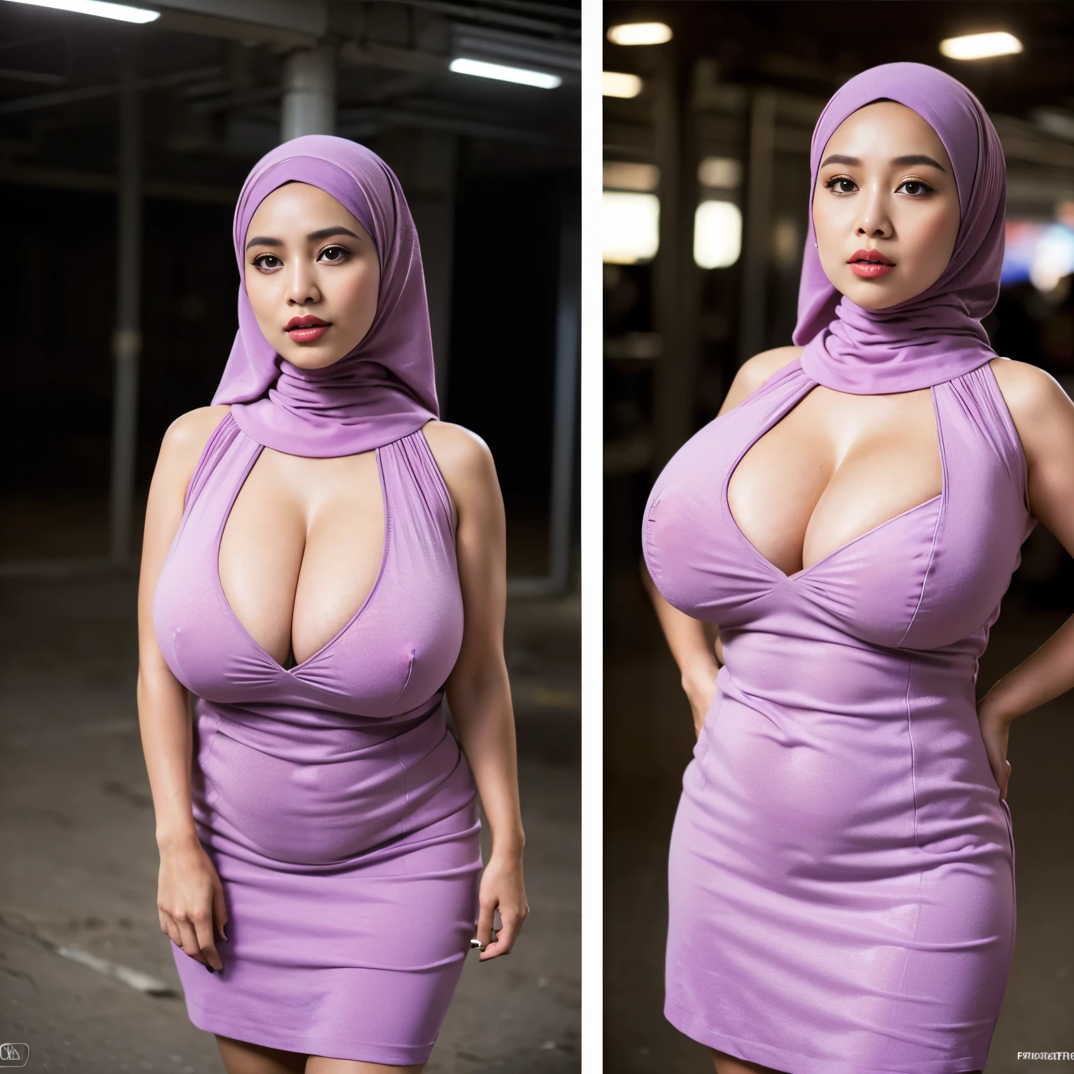 (Extremely detailed, In the underground car park,Hijab Indonesian MILF, Slightly fat, plump, A big-breasted, Gigantic big tits, Refined face, sexy for Magazine, Purple crewneck dress, Tight dress, Close-up of people, Hi-Def, photorealistic perfect body, very very very realistic)
