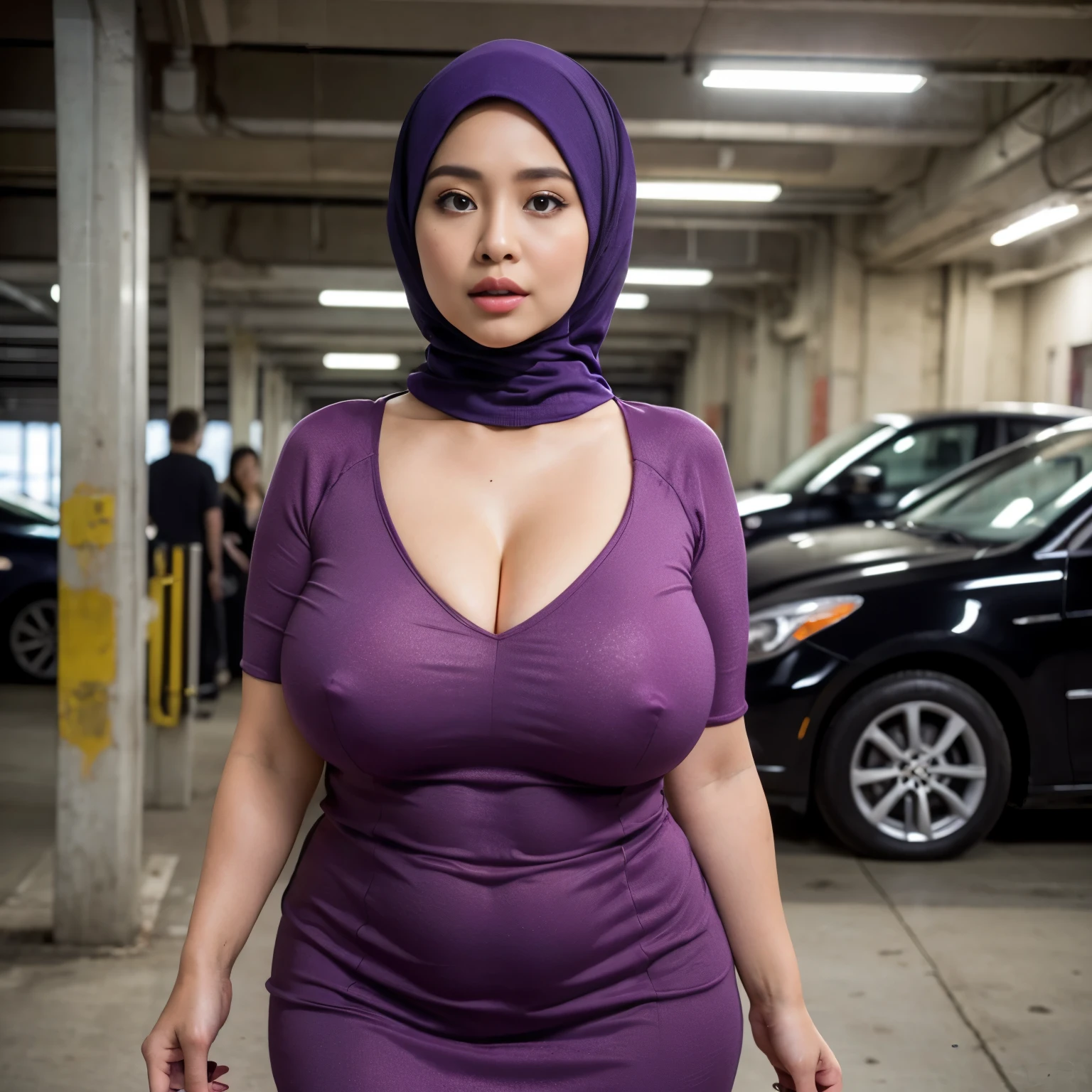 (Extremely detailed, In the underground car park,Hijab Indonesian MILF, Slightly fat, plump, A big-breasted, Gigantic big tits, Refined face, sexy for  Magazine, Purple crewneck dress, Tight dress, Close-up of people, Hi-Def, photorealistic perfect body, very very very realistic)