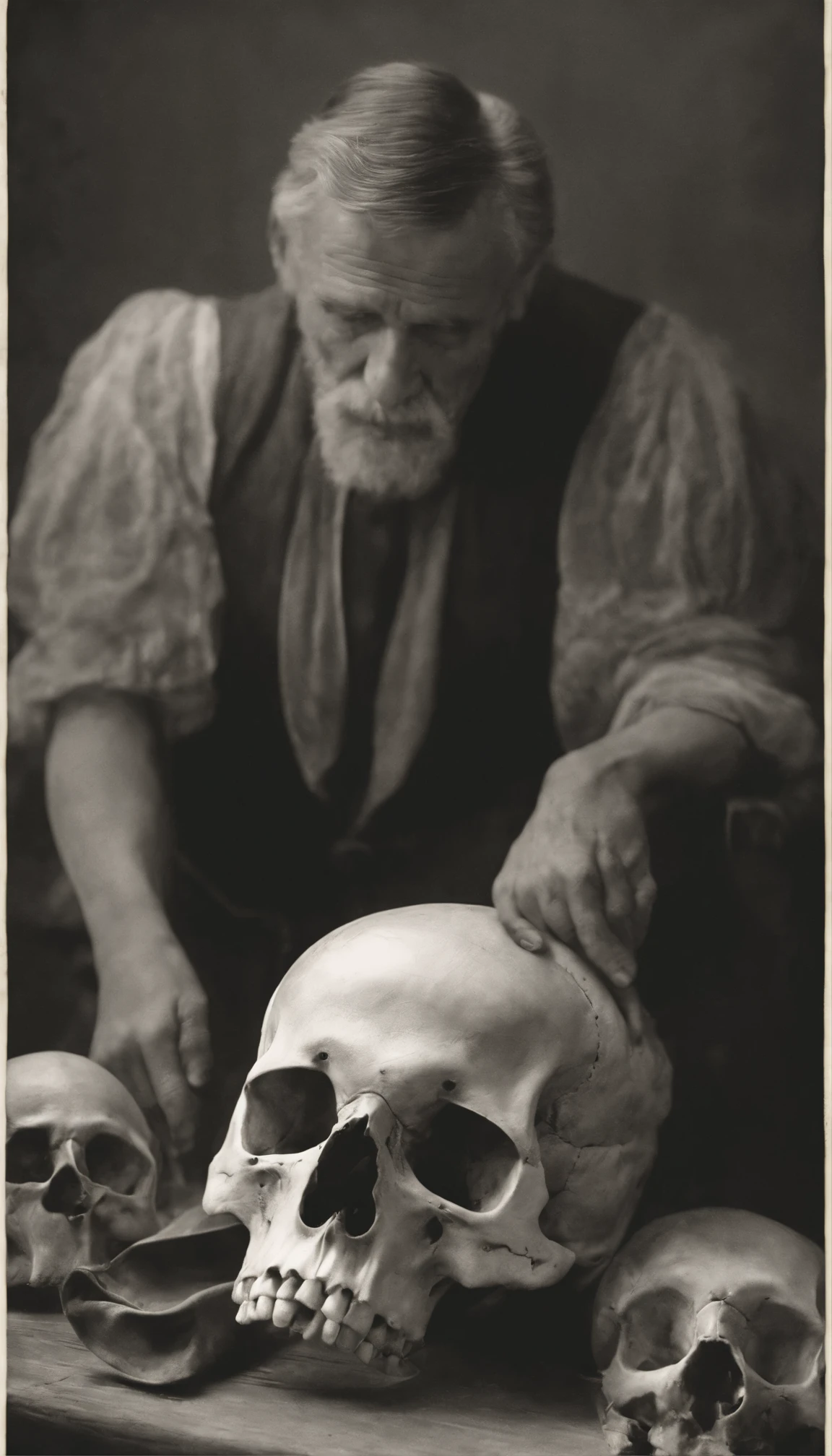 /imagine prompt: Man holding a skull, A man holds a skull reverently, revelando uma cena carregada de significado. Seu rosto expressa um misto de curiosidade e respeito. the skull, an enigmatic relic, is displayed in stunning anatomical detail. The scenario, iluminado suavemente, sugere um ambiente de estudo ou museu. The atmosphere is contemplative, evoking the connection between man and human history. Directional lighting highlights the contours of the skull, emphasizing the importance of ancestral knowledge.