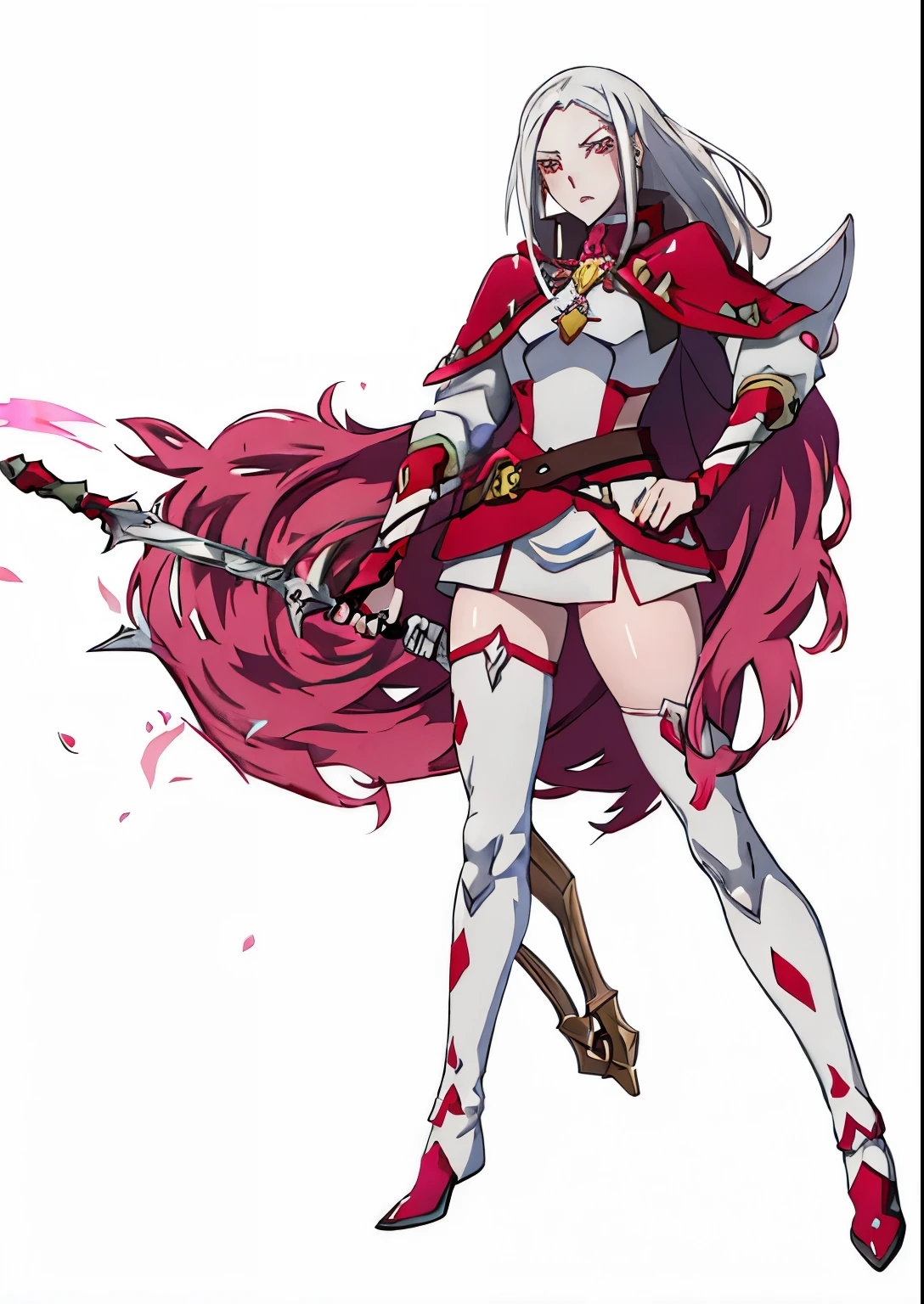 uma mulher com uma capa rosa e meias brancas segurando uma espada, emblema de fogo edelgard, Edelgard do Emblema de Fogo, final fantasy tactics character, cushart krenz arte chave feminino, Estilo de arte de Guilty Gear, fuchsia skin beneath the armor, fuchsia skin below the armor, personagem jrpg art, De Xenoblade Chronicles, personagem jrpg